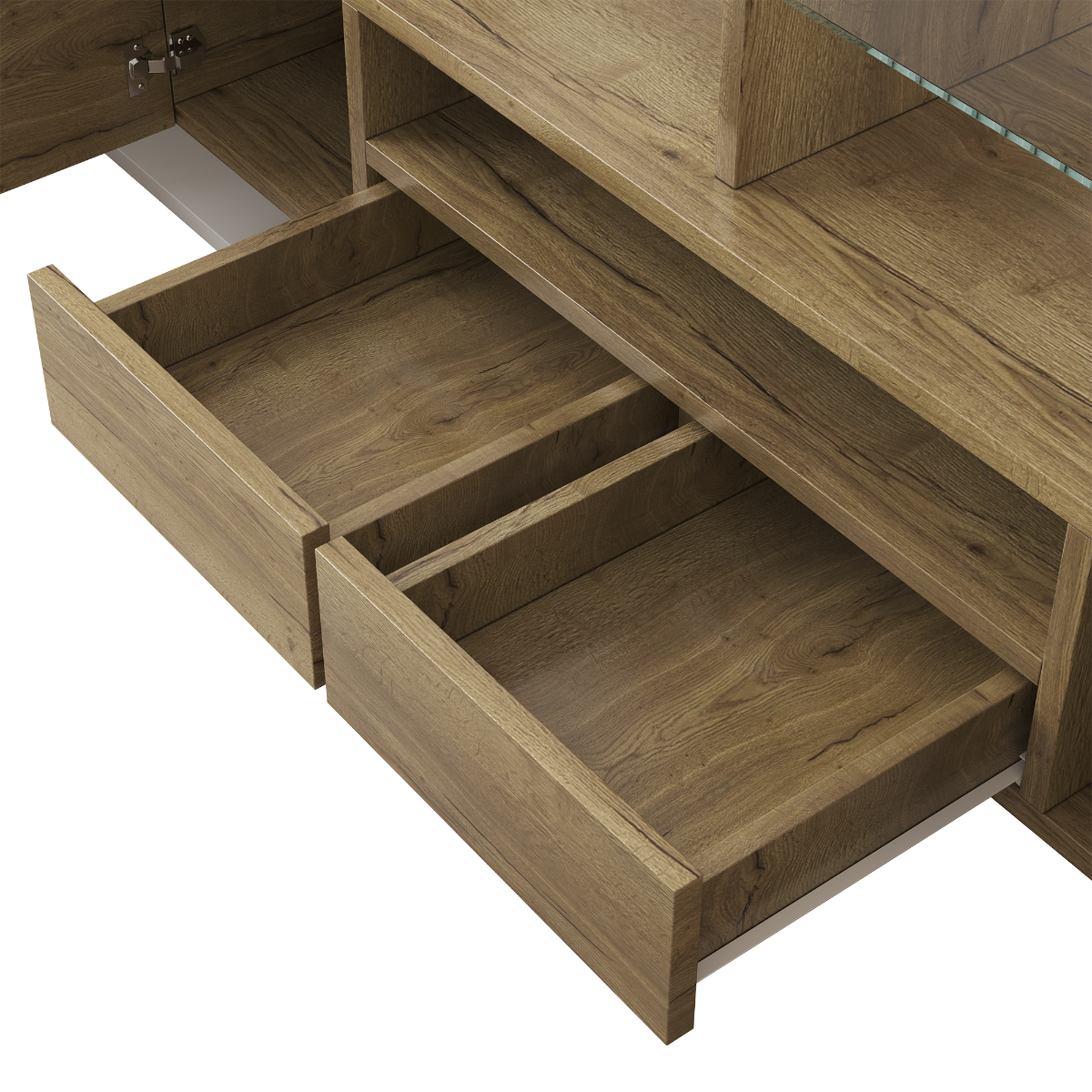 Holzschrank mit zwei offenen Schubladen. Die Schubladen sind leer und haben Holztüren.