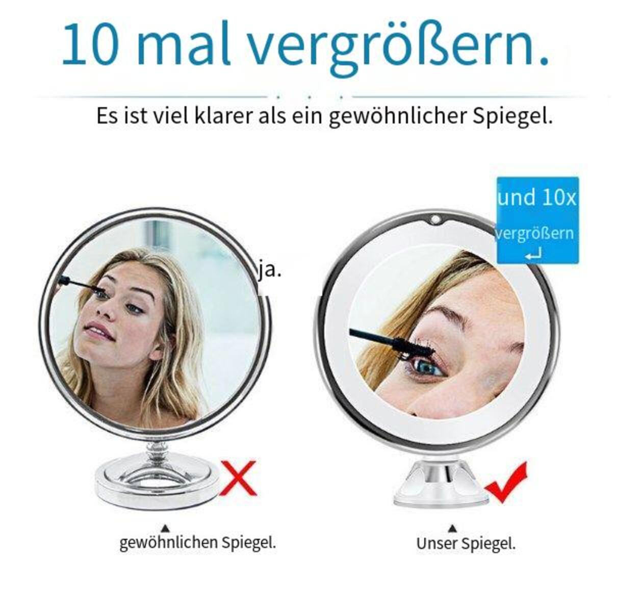 Zwei Spiegel, die eine Frau beim Auftragen von Mascara zeigen. Einer hat eine normale Ansicht, der andere vergrößert.