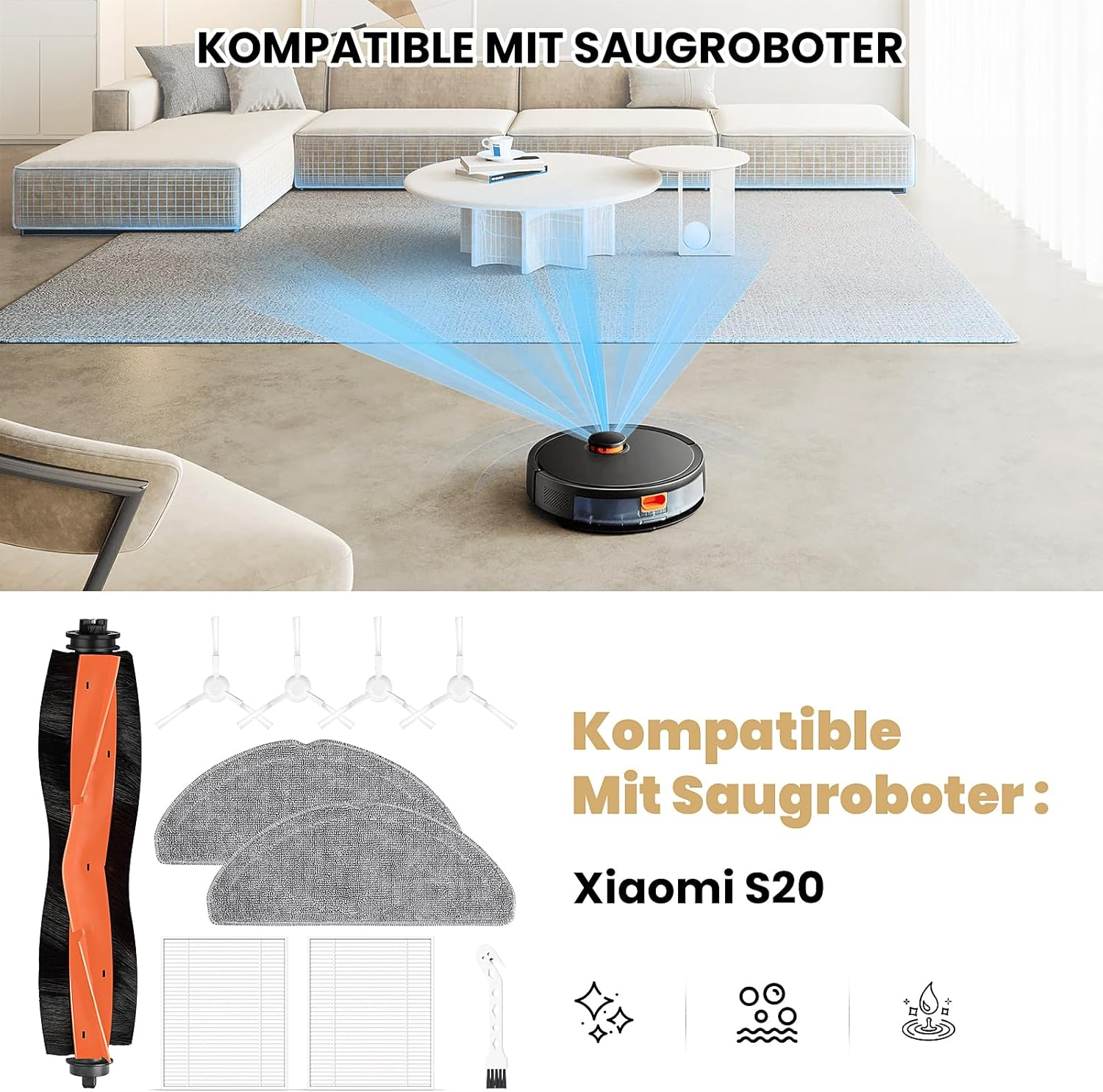 Robot odkurzający z akcesoriami do czyszczenia, kanapą i dywanem w tle.