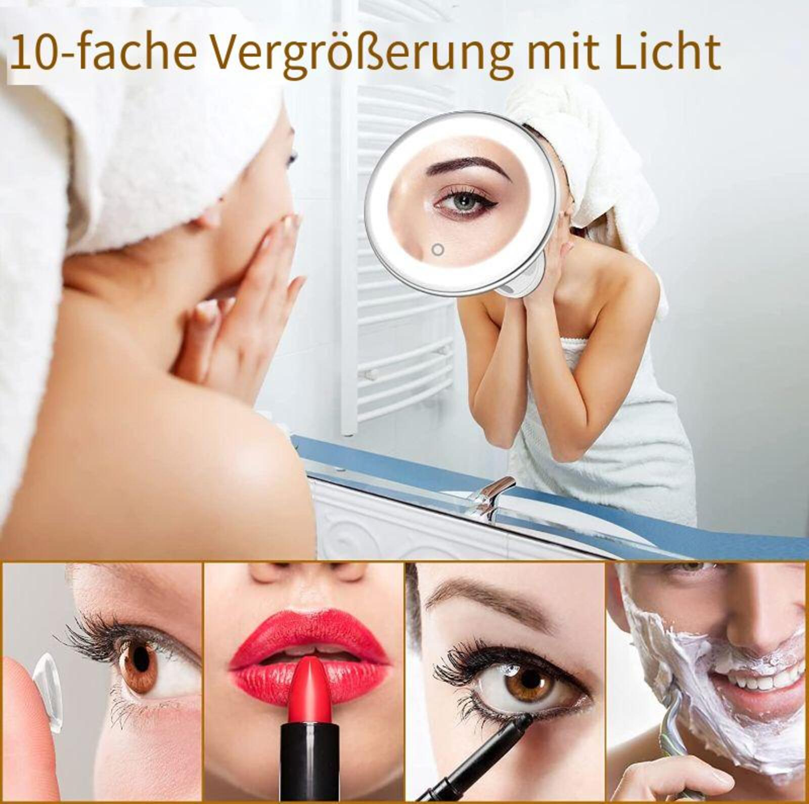 Frau, die einen beleuchteten Vergrößerungsspiegel benutzt.