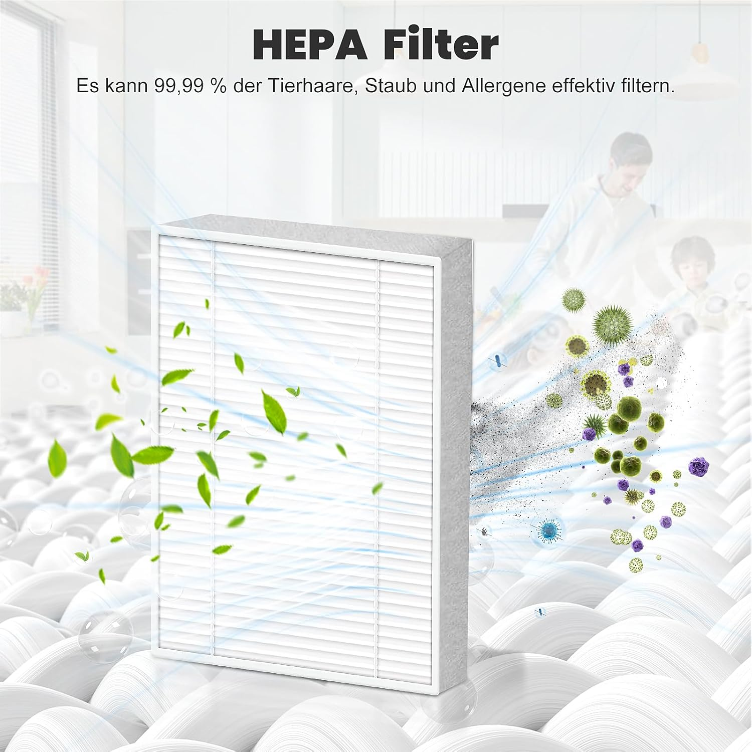 Filtr HEPA z zielonymi liśćmi i bąbelkami. Dwie osoby w tle.