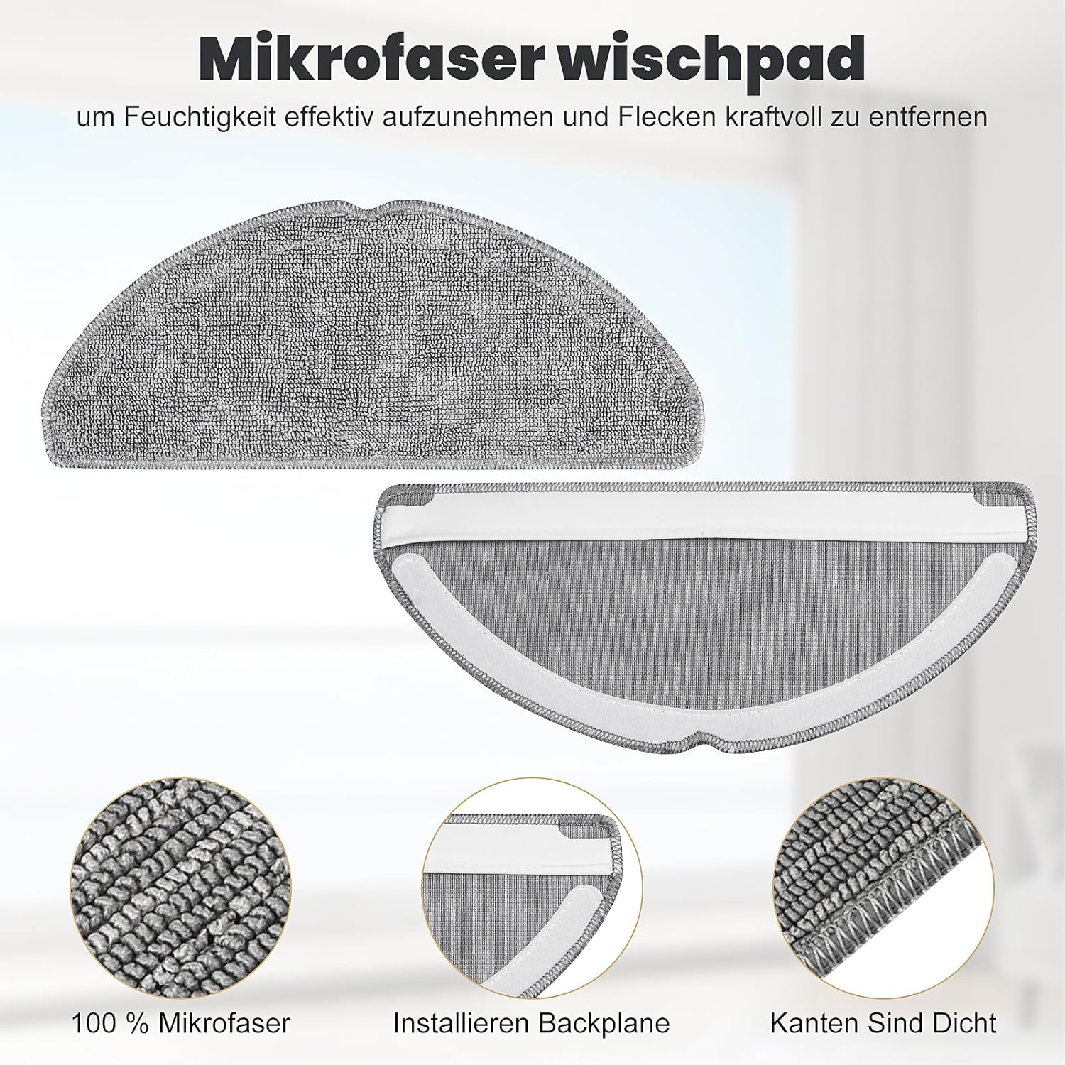 Dwie nakładki z mikrofibry do robota sprzątającego, ze zbliżeniami. Białe tło.