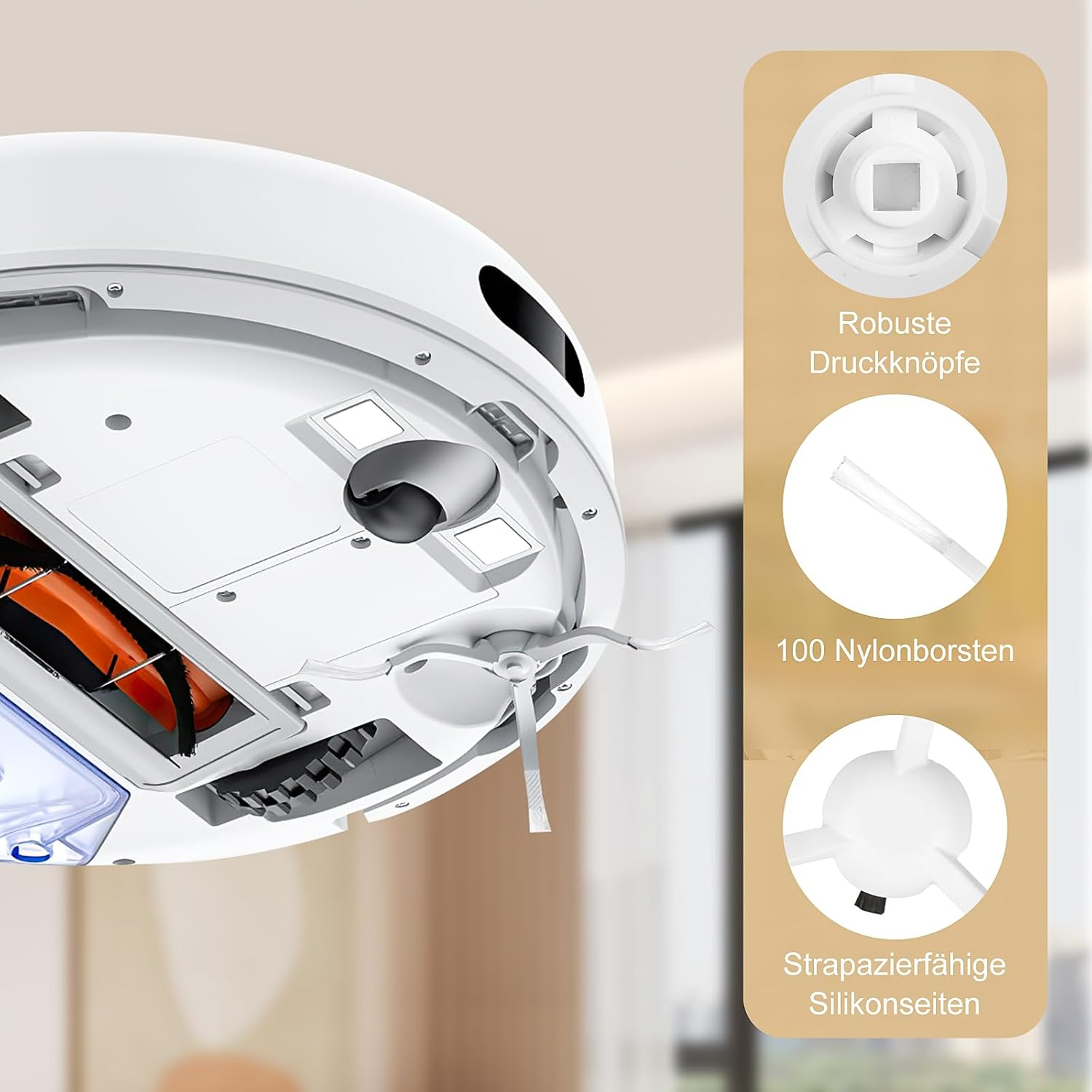 Biały odkurzacz robot. Widoczne detale przycisków, nylonowych szczotek i silikonowych boków.