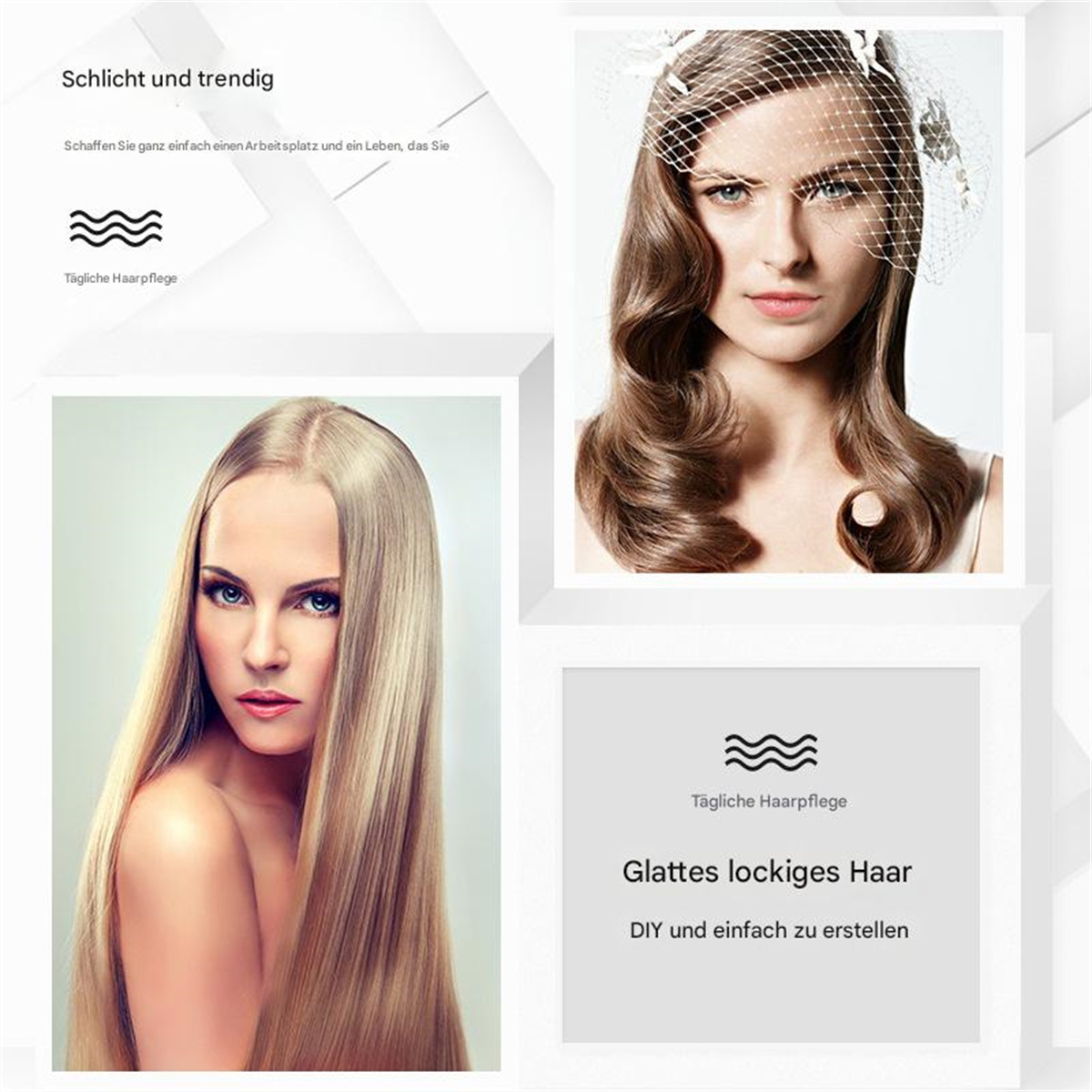 Drei Frauen mit verschiedenen Frisuren. Text: 'Glattes lockiges Haar, DIY und einfach zu erstellen'.