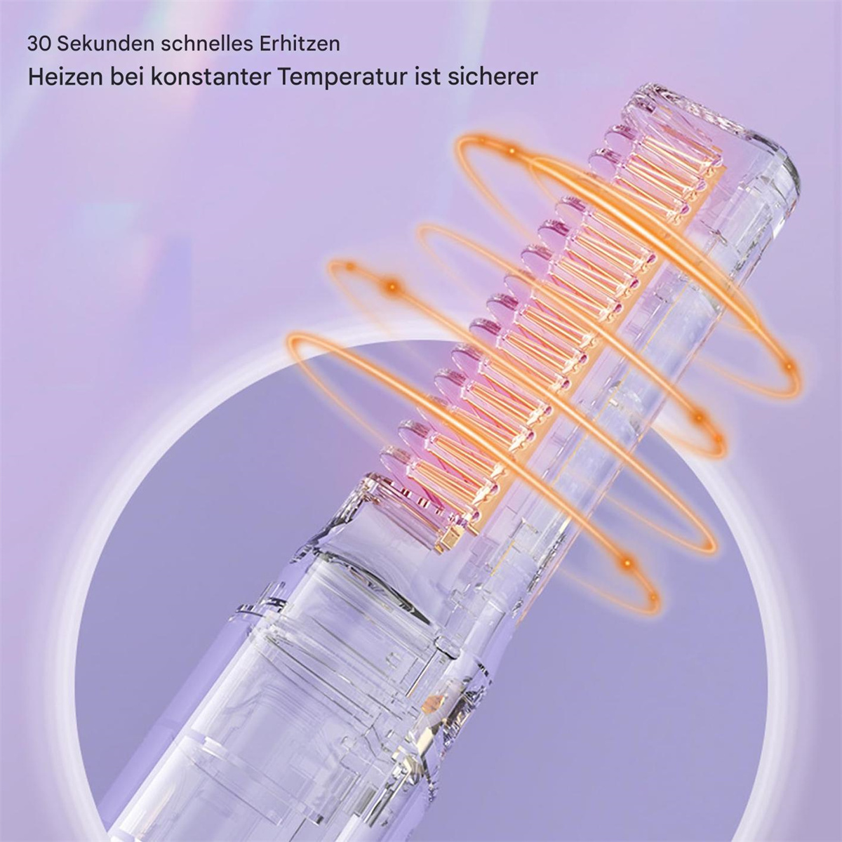 Eine beheizte Haarstylingbürste mit orangefarbenen Heizelementen darum herum.
