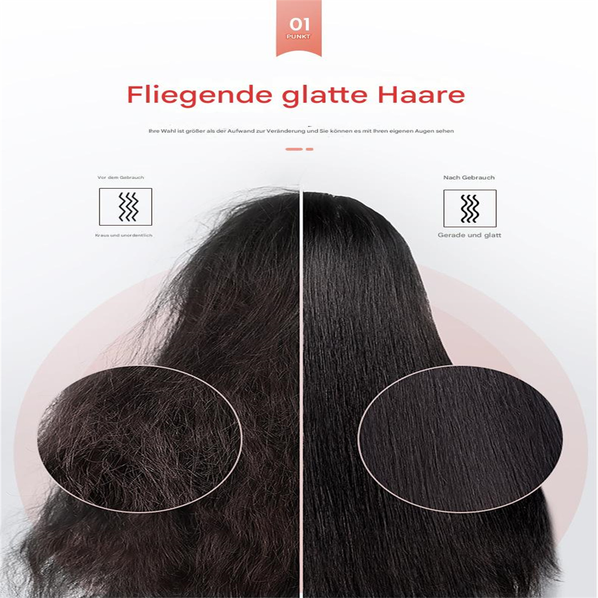 Bild zeigt Haare vor und nach der Behandlung. Vorher ist kraus, nachher glatt und geschmeidig.