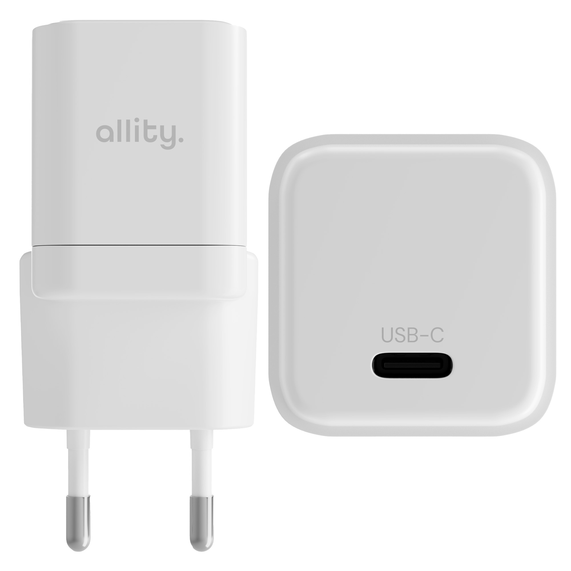Biała ładowarka USB-C z dwoma bolcami i logo 'allity.'. Port ładowania posiada port USB-C.