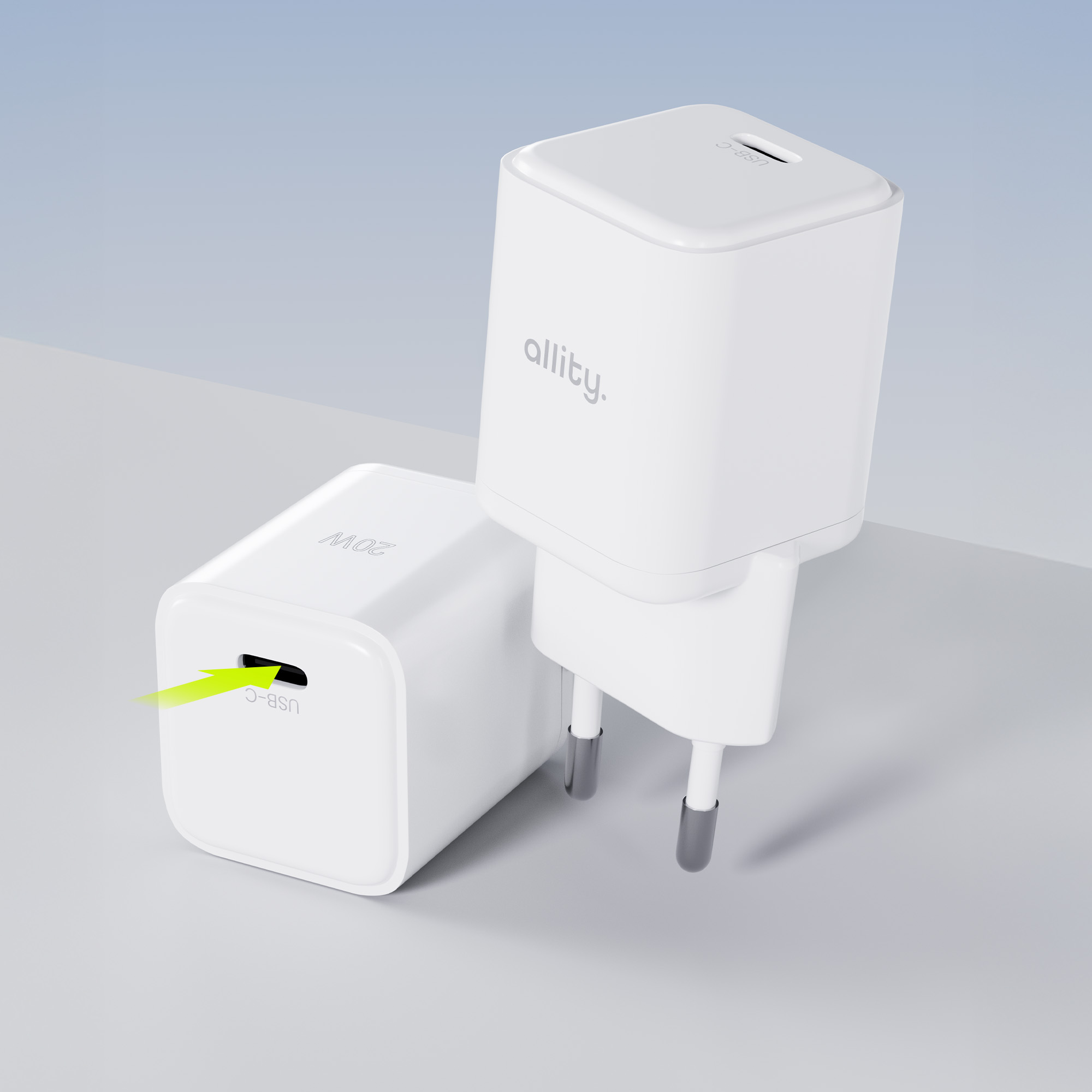 Dwie białe ładowarki. Jedna ma wtyczkę, druga port USB-C. Widoczna nazwa marki "allity".