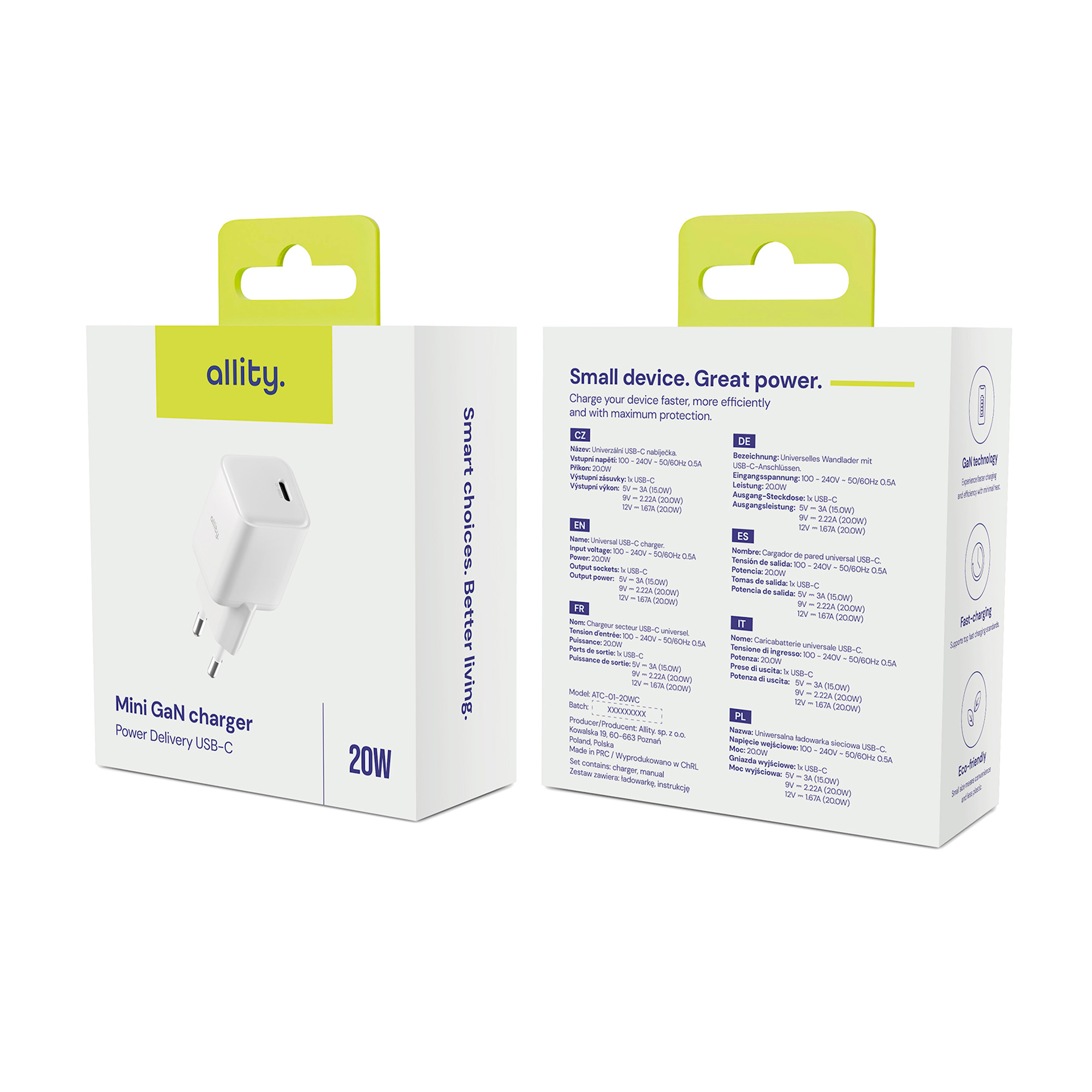 Biało-zielone pudełko z mini ładowarką GaN i wieloma tekstami.