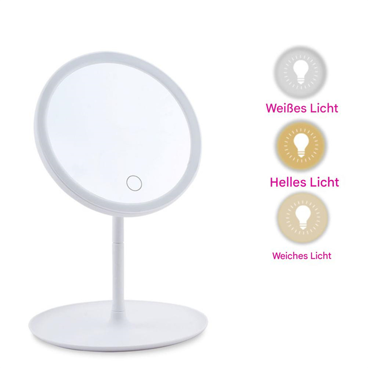 Ein weißer, kreisförmiger Schminkspiegel mit drei Lichteinstellungen und einem weißen Sockel auf einer weißen Oberfläche.