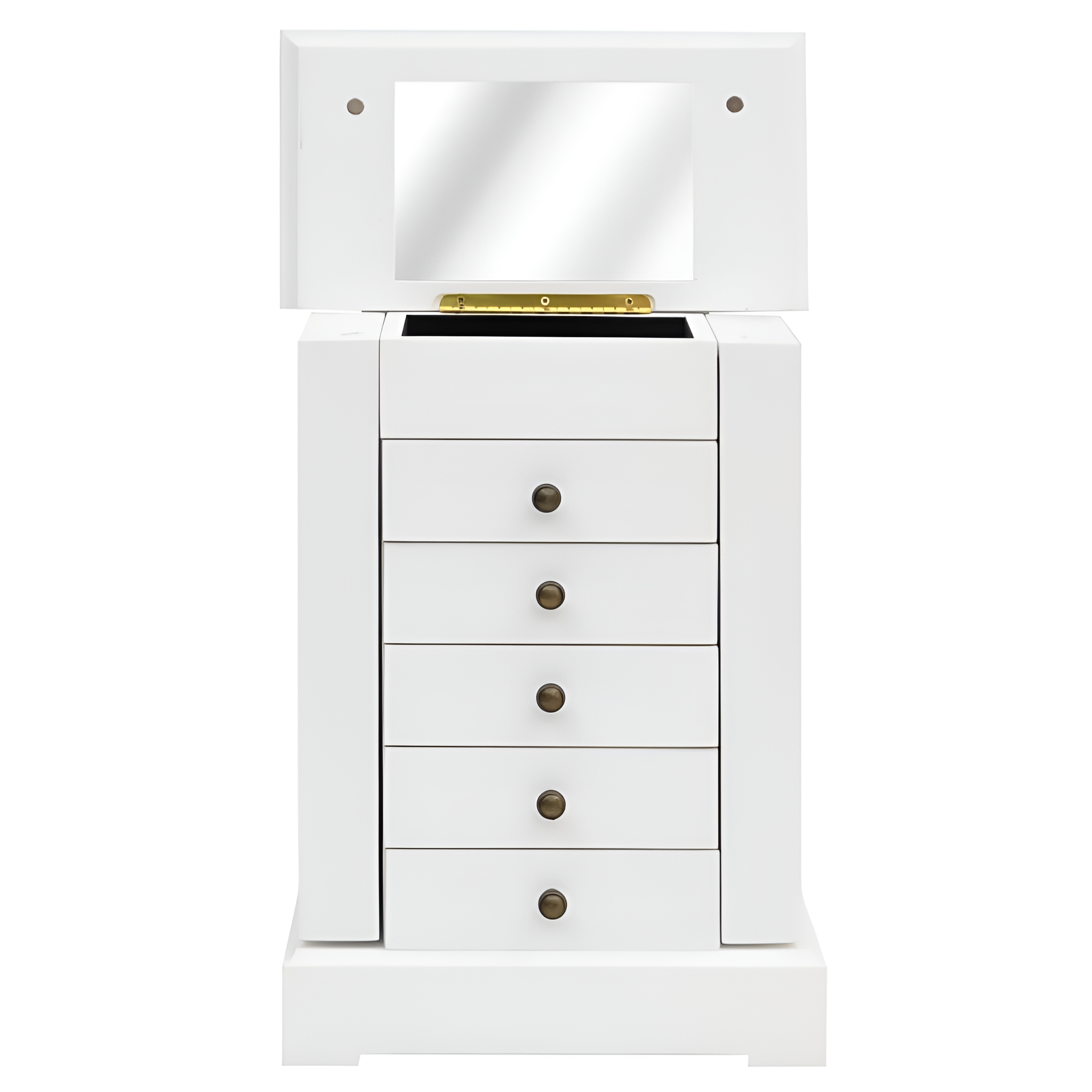 Weißer Schmuckschrank mit Schubladen, Spiegel und oberem Fach.