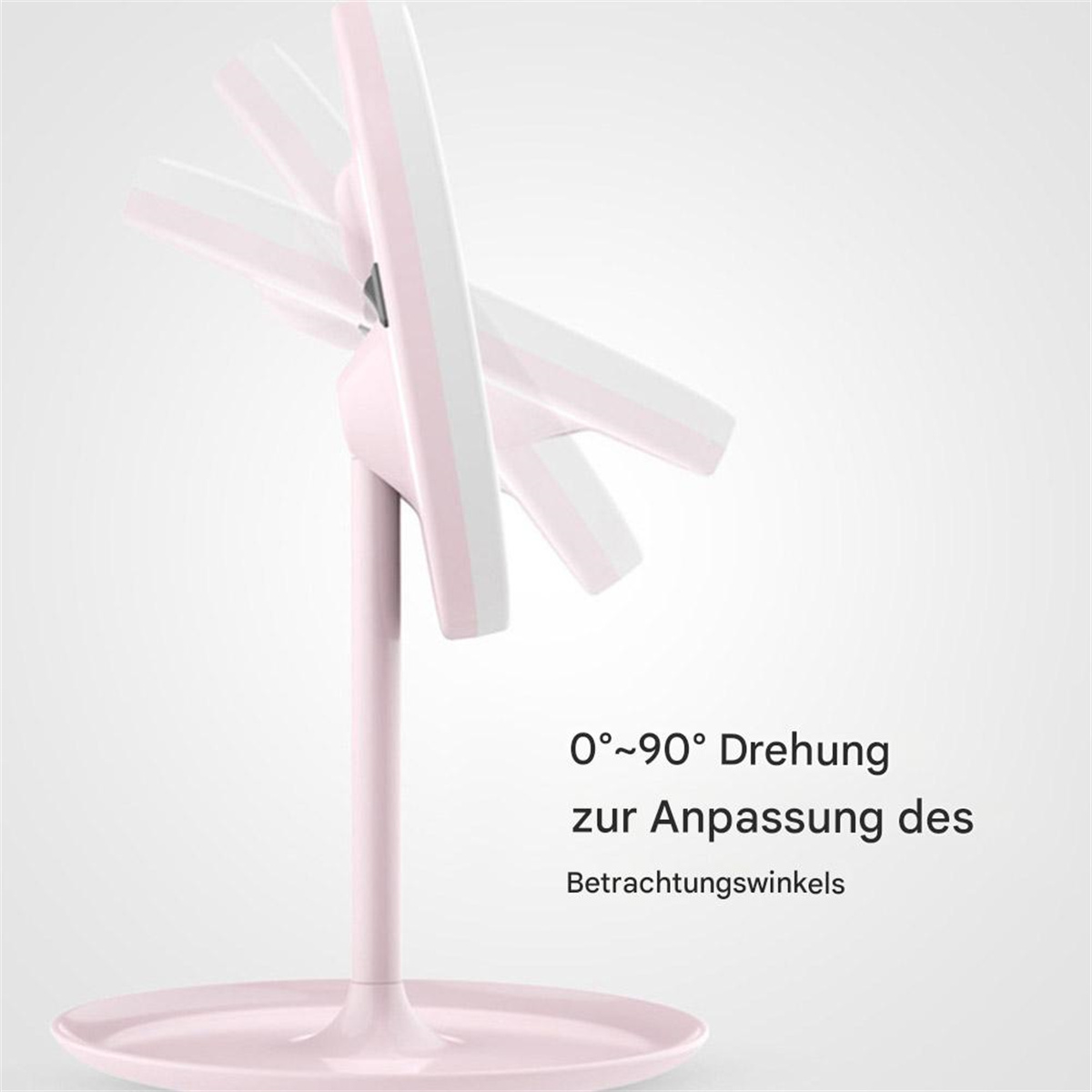 Rosa, verstellbarer Spiegel. Dreht sich 0-90 Grad. Weißer Hintergrund.