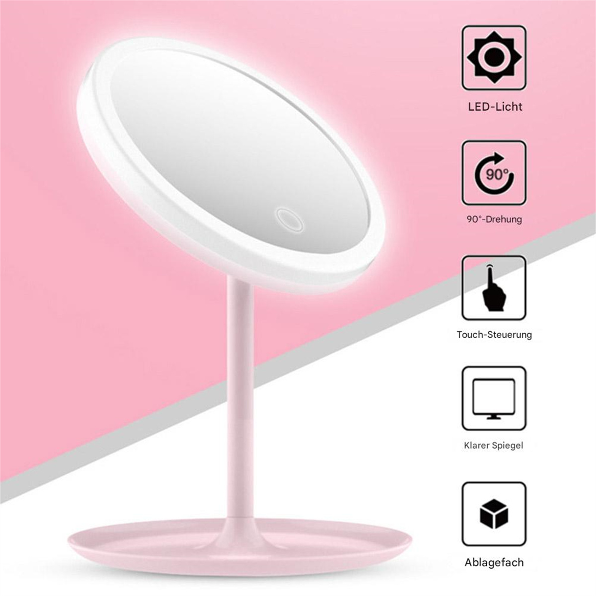 Rosa und weiß beleuchteter Schminkspiegel mit Symbolen, die Funktionen detaillieren.