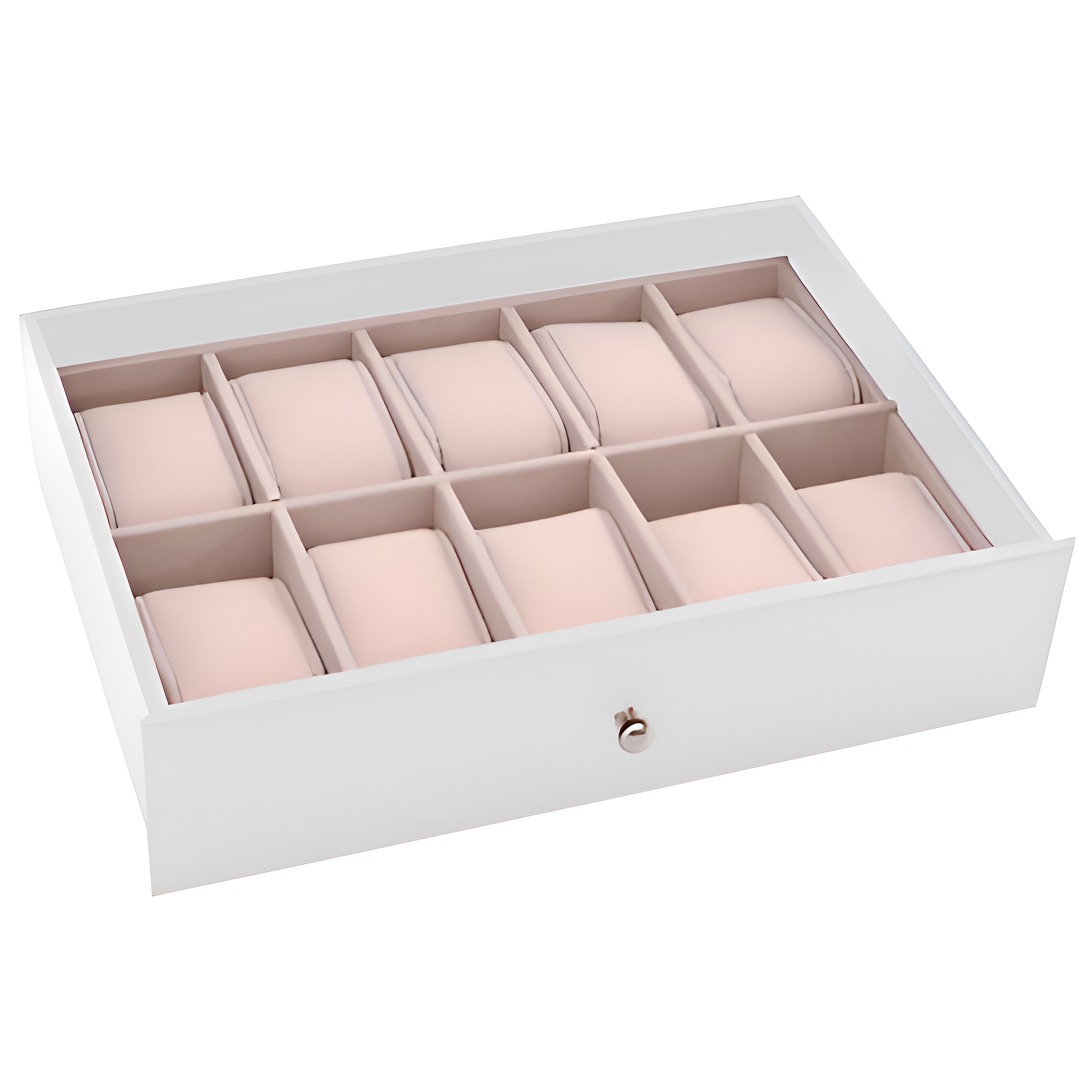 Weiße Schmuckschatulle mit offener Schublade. Im Inneren sind zehn beige Kissen für Uhren angeordnet.