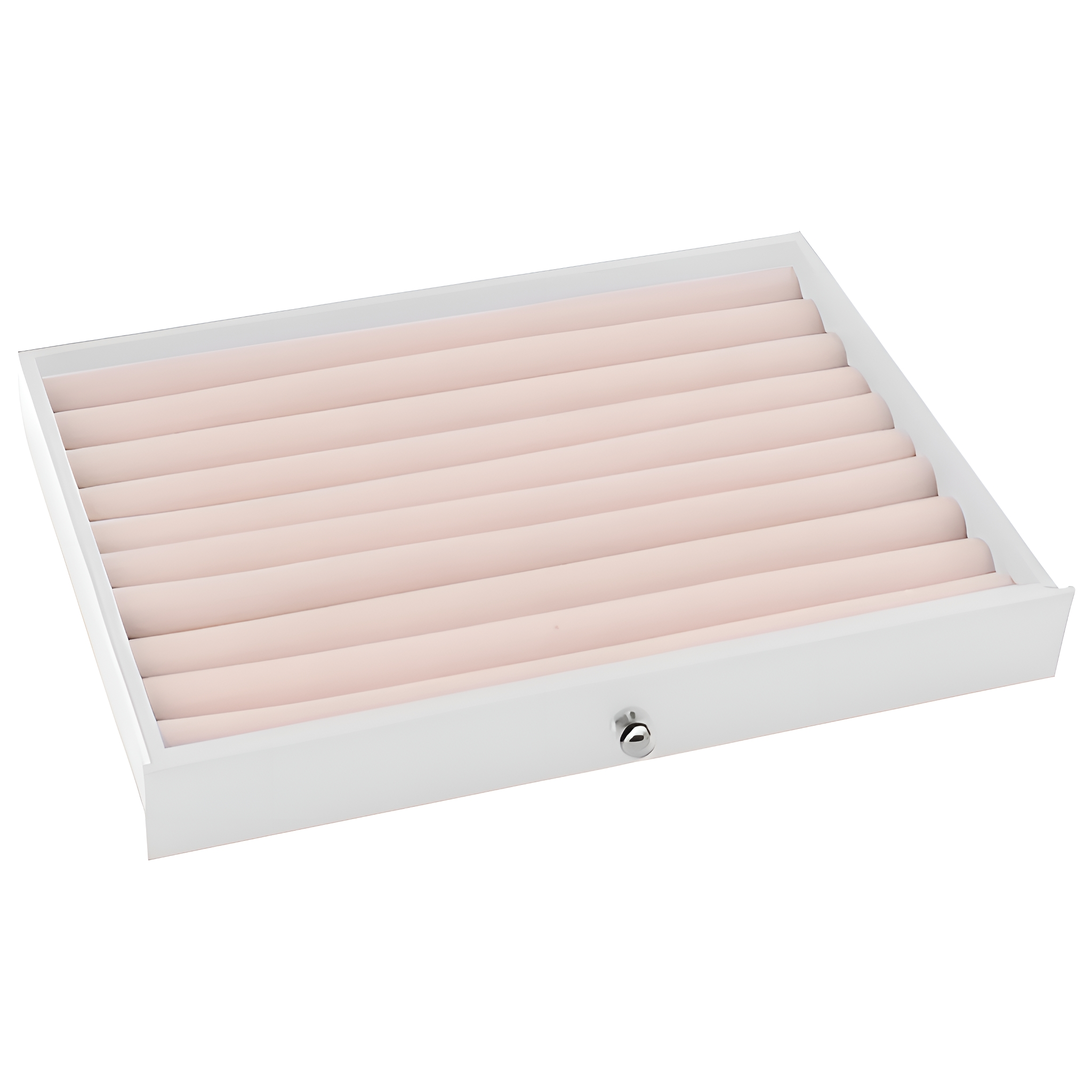 Weißes Schmucktablett mit rosa Samteinsätzen und einem kleinen Silberknopf.