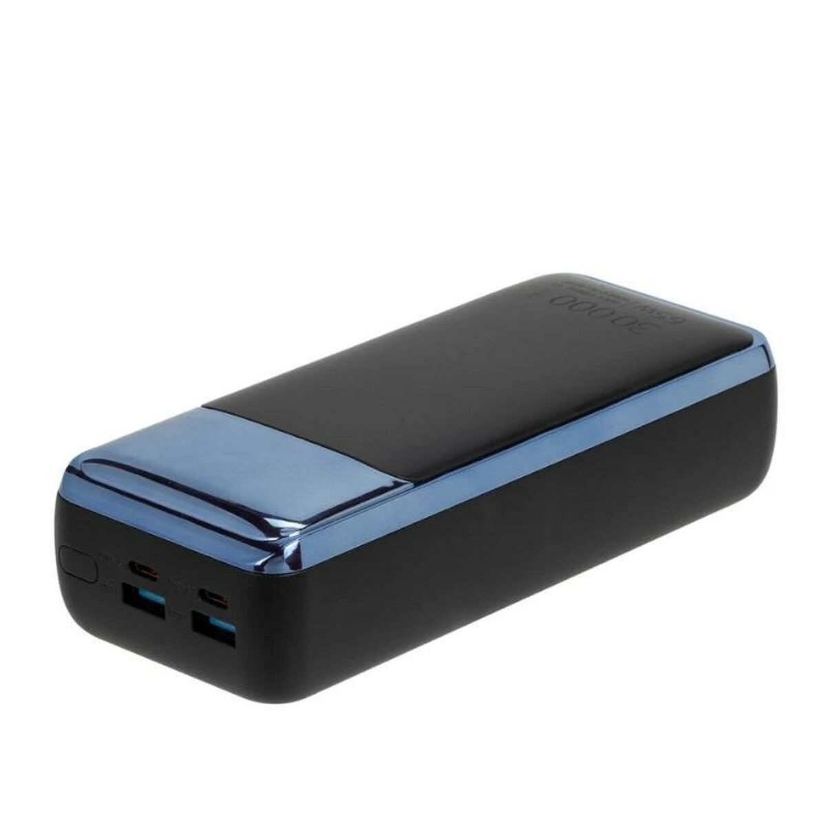 Zwarte en blauwe powerbank met twee USB-poorten.