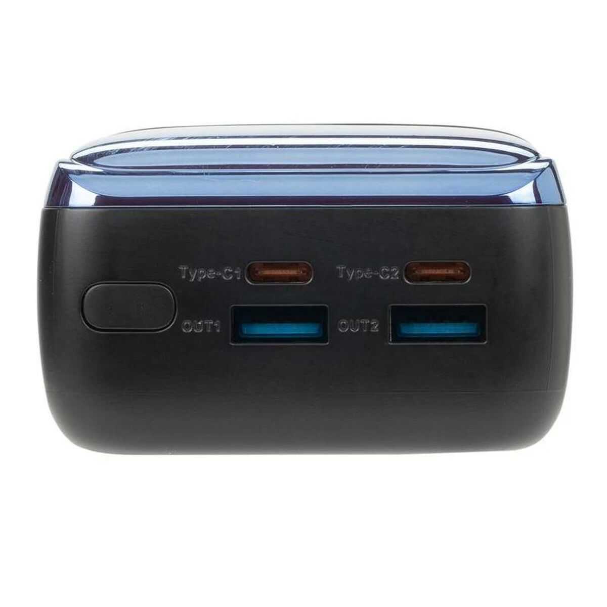 Zwarte powerbank met meerdere uitgangspoorten, waaronder USB-C en USB-A. Blauwe en koperkleurige accenten.