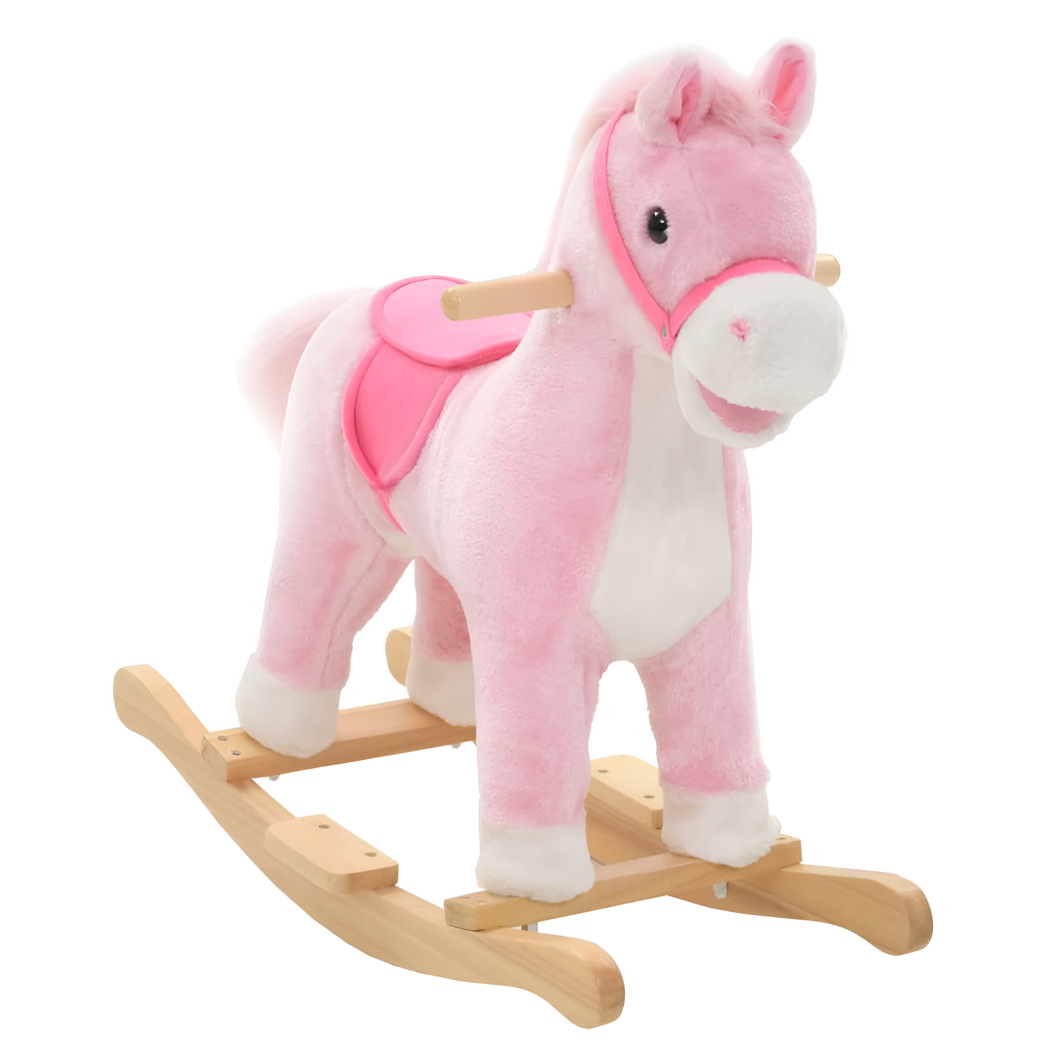 Rosa Schaukelpferd auf Holzschaukeln, mit Sattel, Mähne und Schweif.