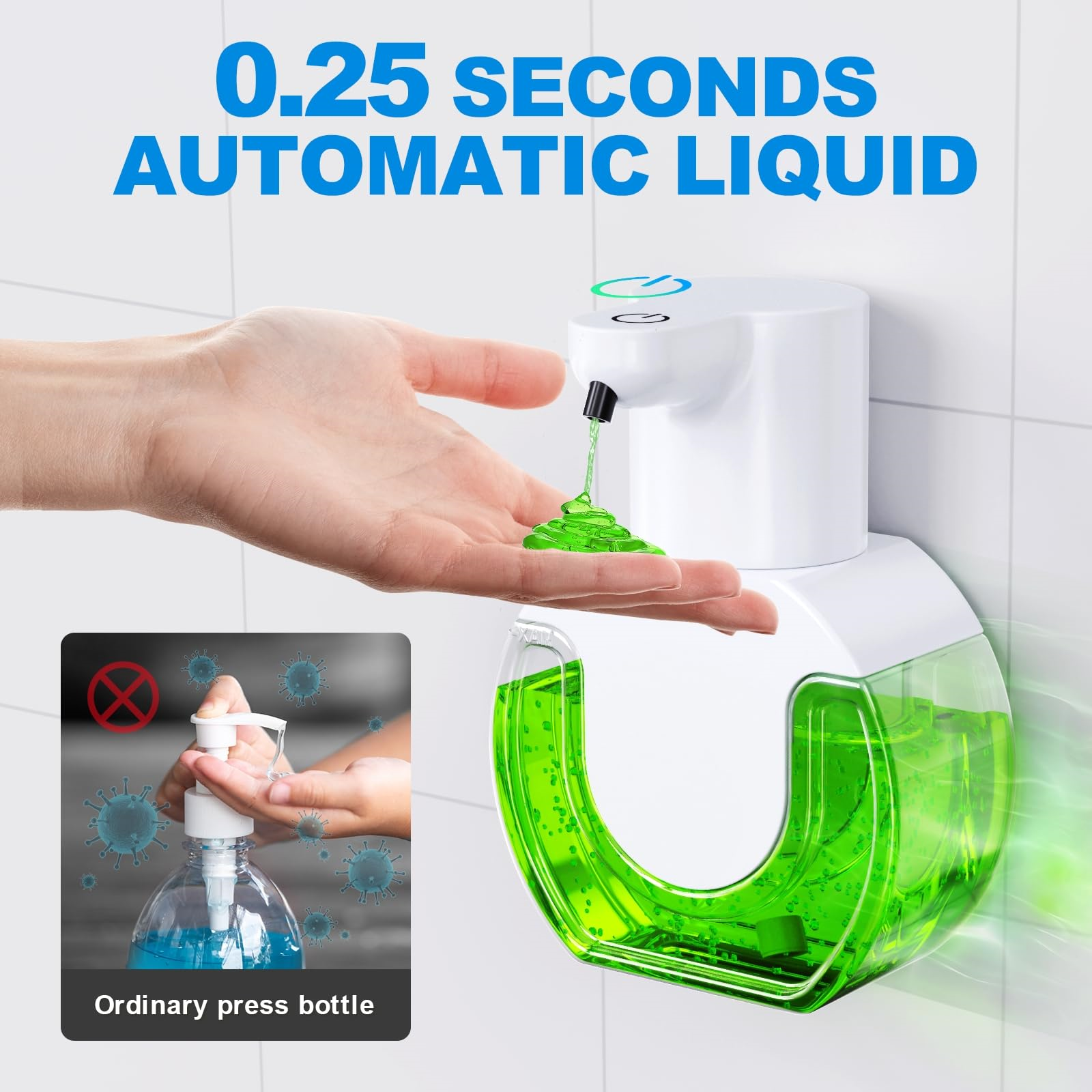 Weißer automatischer Flüssigseifenspender mit grüner Flüssigkeit. Hand unter dem Spender, ein anderes Bild zeigt eine Flasche.