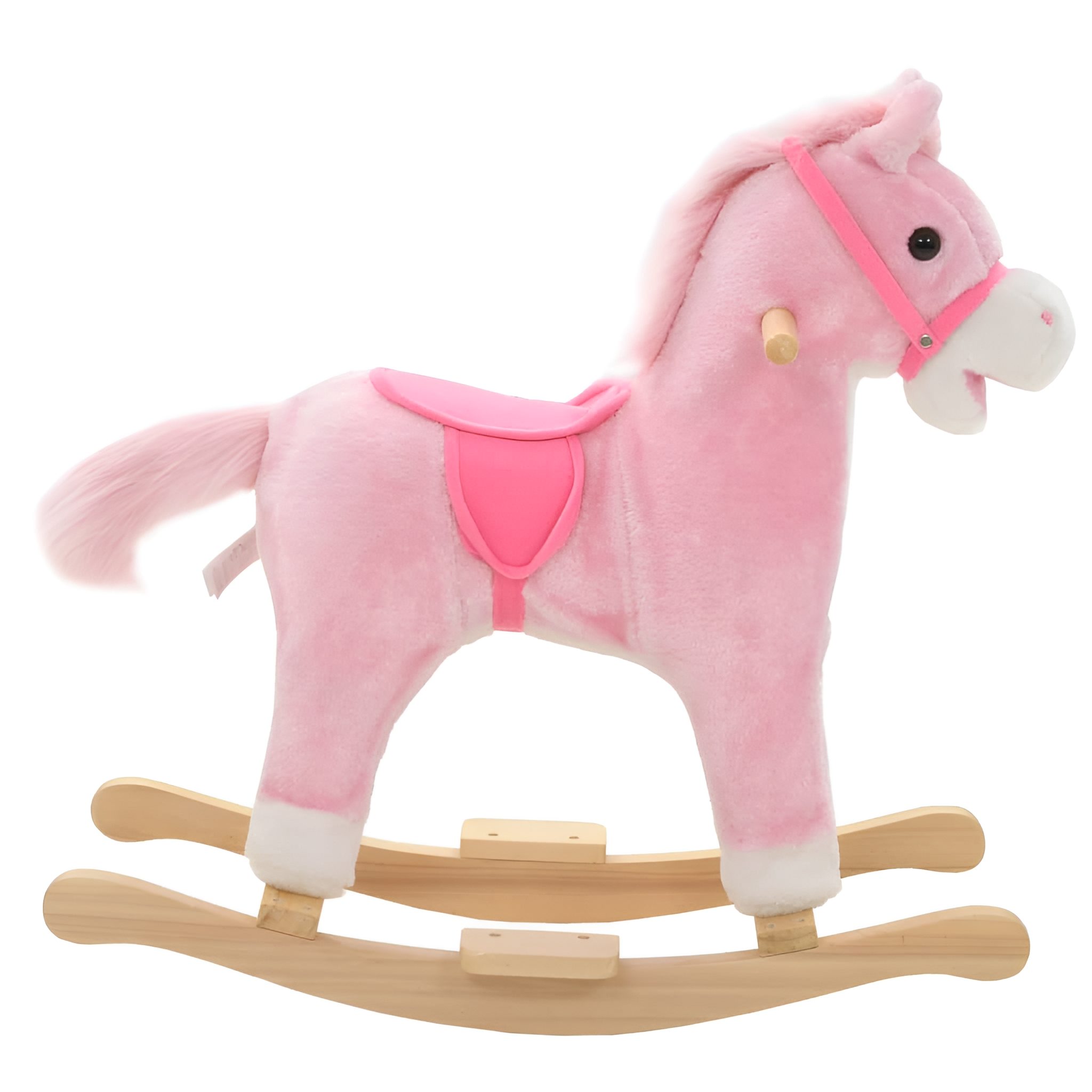 Ein rosa Schaukelpferd mit Holzschaukeln, auf weißem Hintergrund.