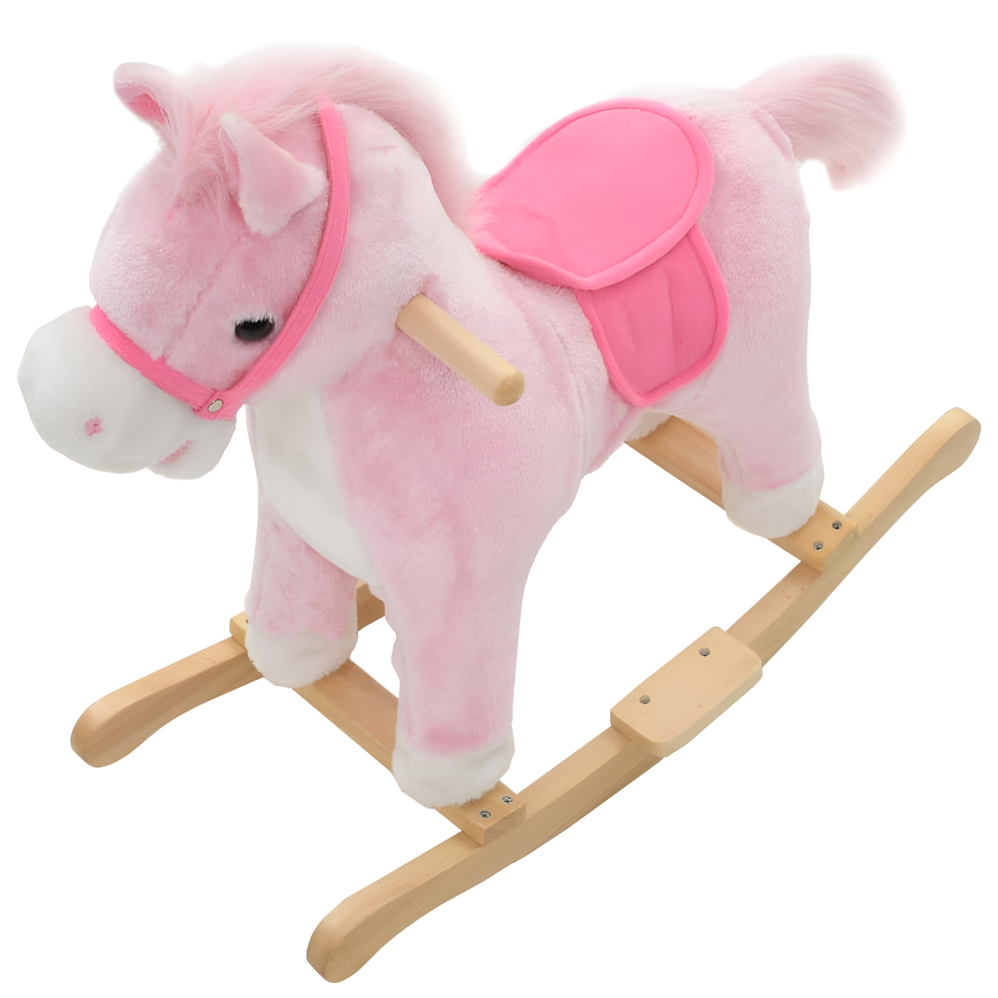 Ein rosa Schaukelpferd auf Holzschaukeln. Es hat einen rosa Sattel, Mähne und Schweif.