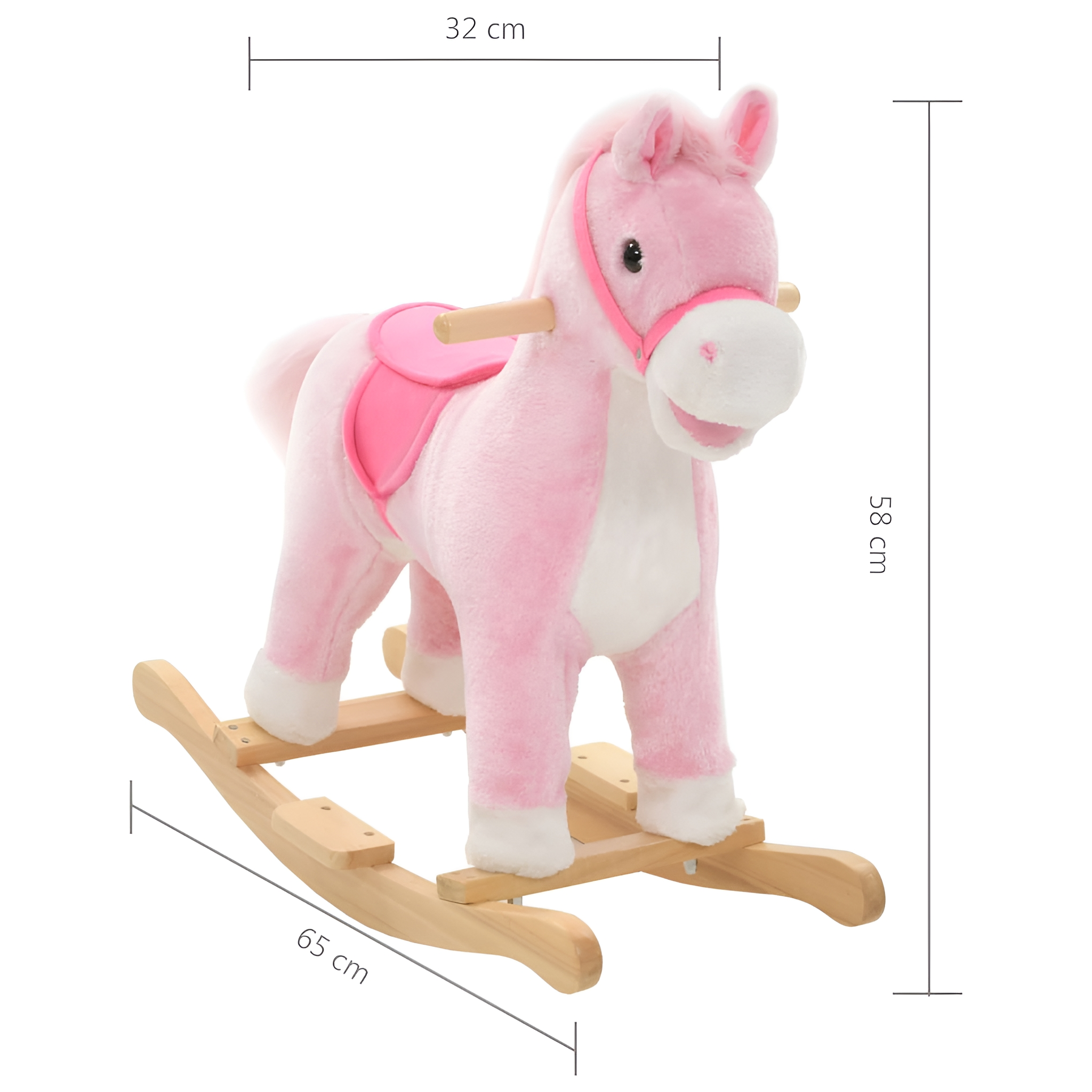 Ein rosa Spielzeug-Schaukelpferd. Es hat einen rosa Sattel und weiße Details auf einem Holzsockel.