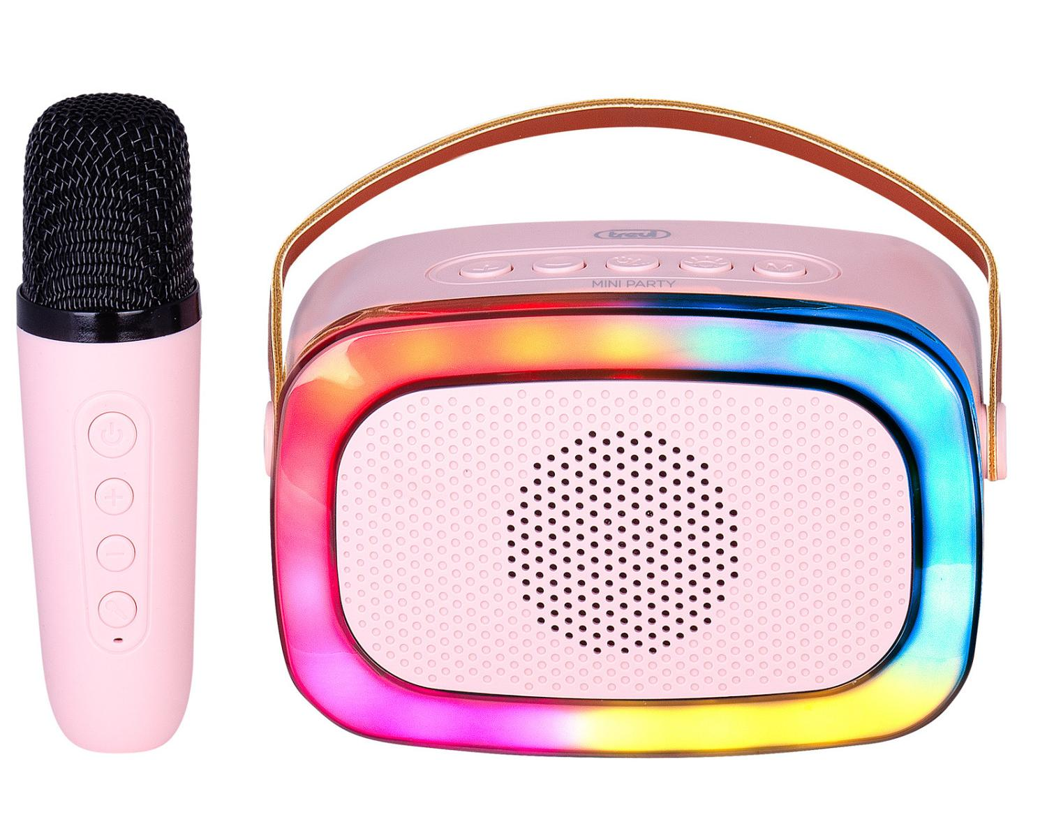 Różowy mini głośnik z mikrofonem. Głośnik ma kolorowe światła.