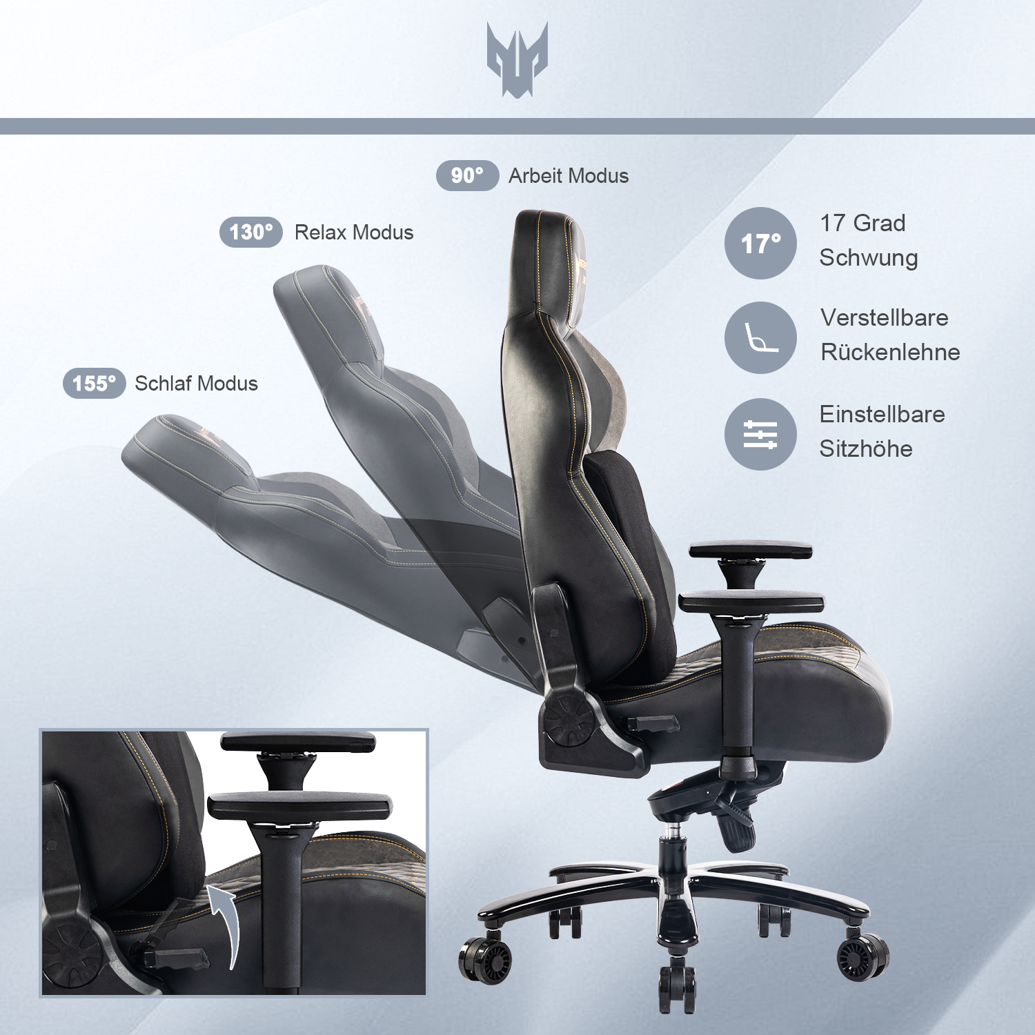 Schwarzer Gaming-Stuhl mit verstellbarer Rückenlehne, Armlehnen und Sitzhöhe in verschiedenen Positionen.
