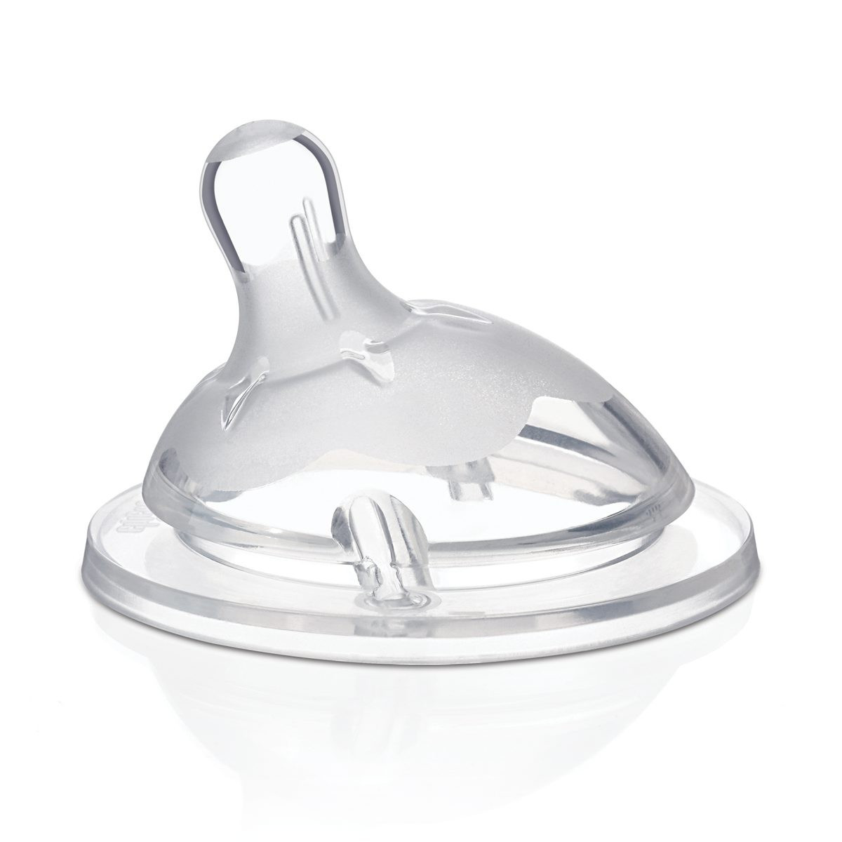 Ein klarer Babyflaschensauger. Er ist transparent und hat eine runde Basis.