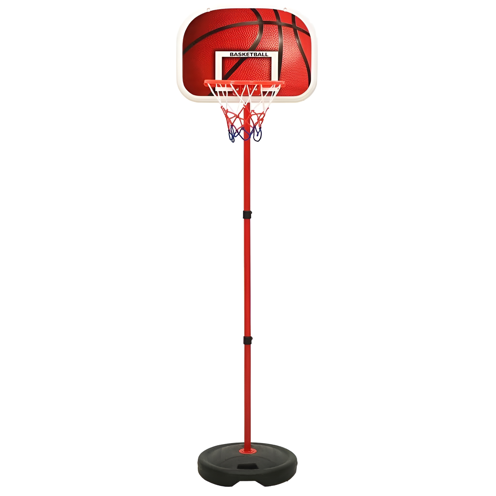 Roter Basketballkorb mit weißem Netz, an einer roten Stange. Schwarze Basis, weißer Hintergrund.
