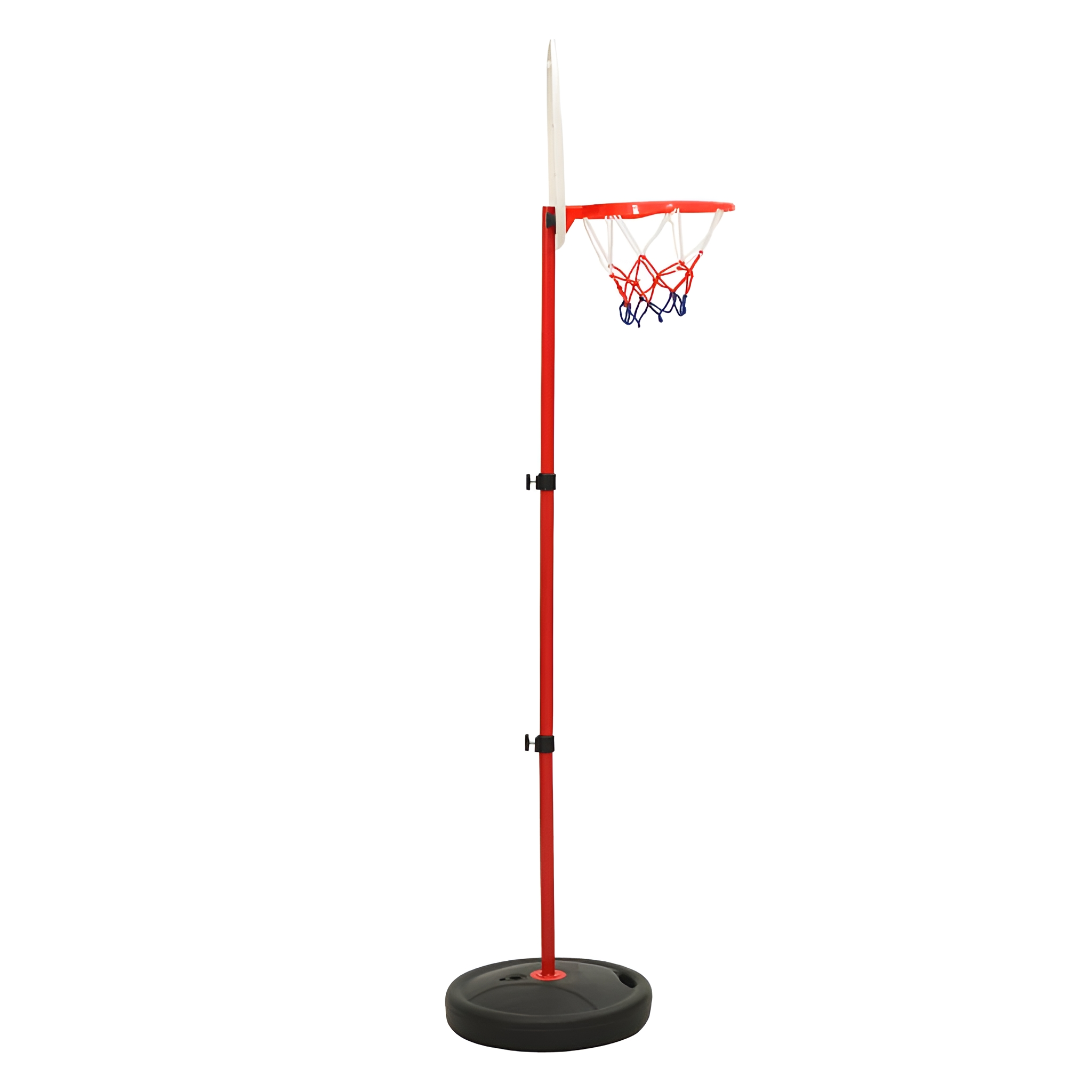Rotes Basketballnetz auf Ständer, schwarze Basis, weißer Hintergrund.