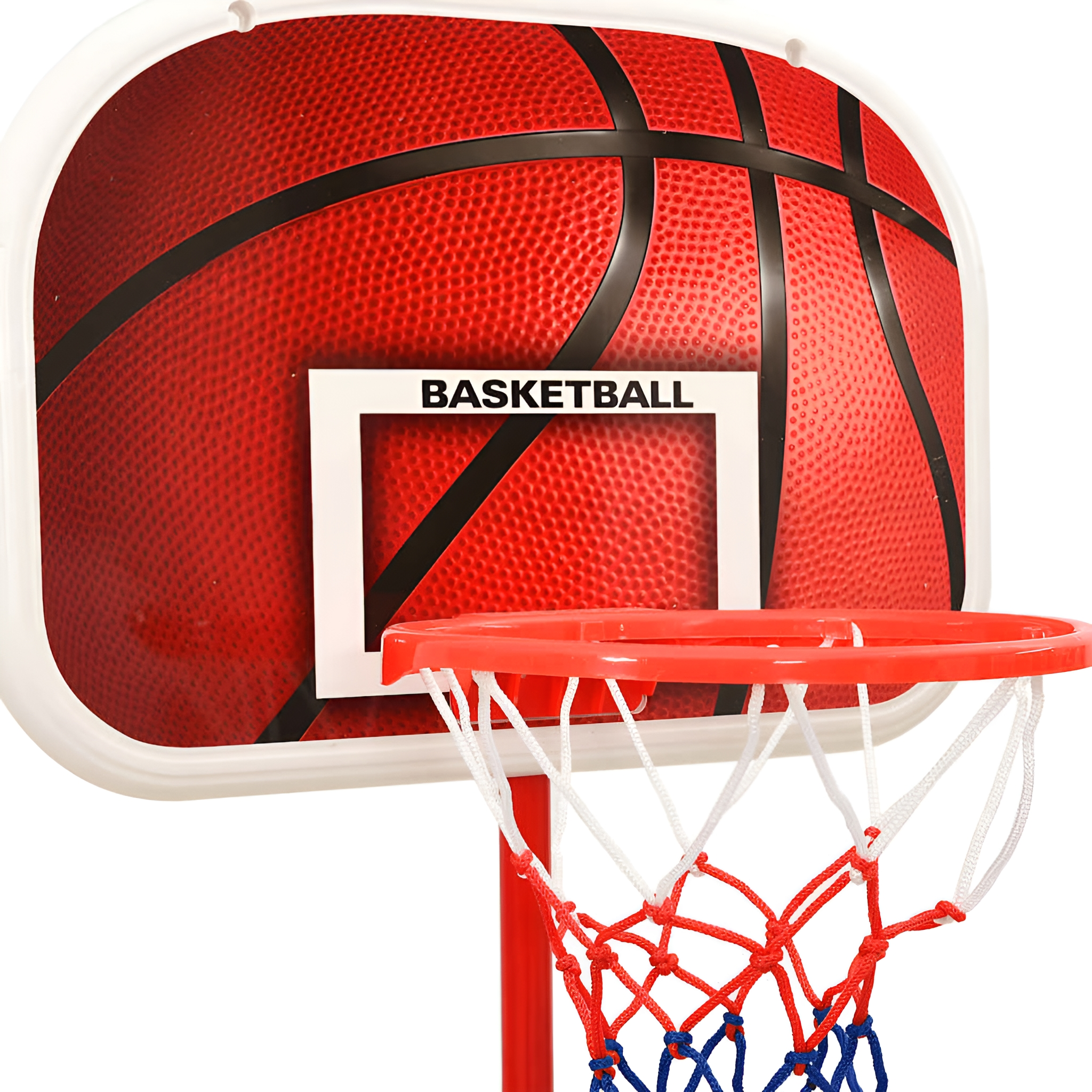 Basketballkorb mit rotem Netz und weißer Basketball-Rückwand. Weißer Hintergrund.