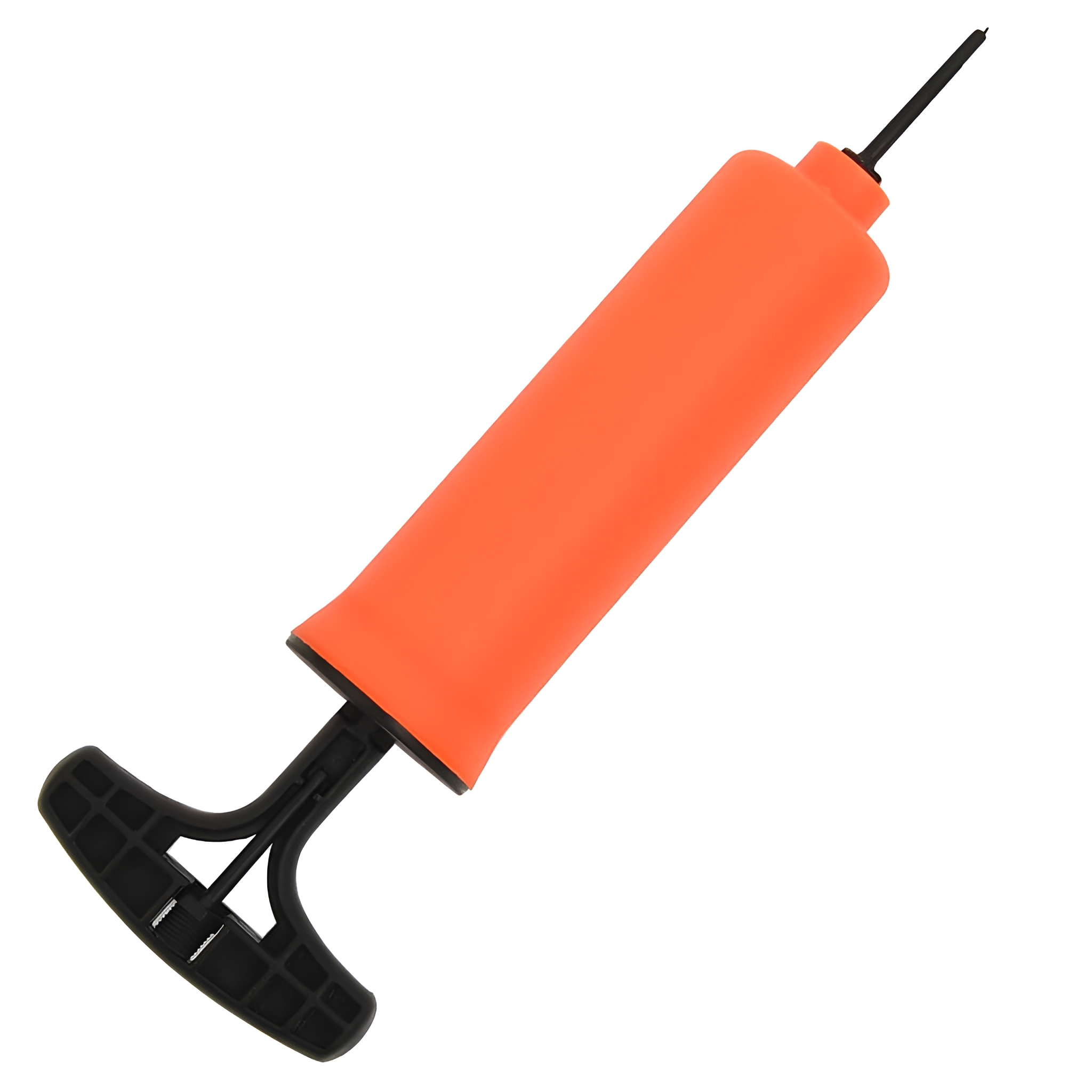 Eine orangefarbene und schwarze Handpumpe zum Aufblasen von Gegenständen, vor weißem Hintergrund.