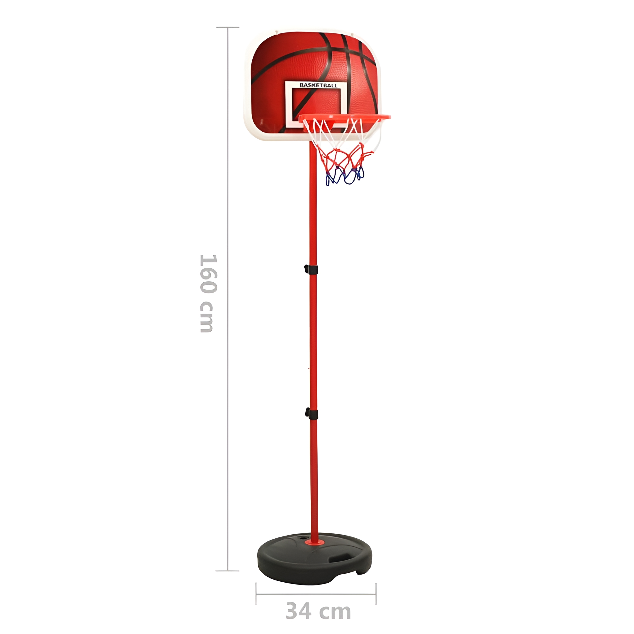 Basketballkorb-Set. Roter Pfosten und Rückwand. Der Korb ist 160 cm hoch, die Basis 34 cm breit.