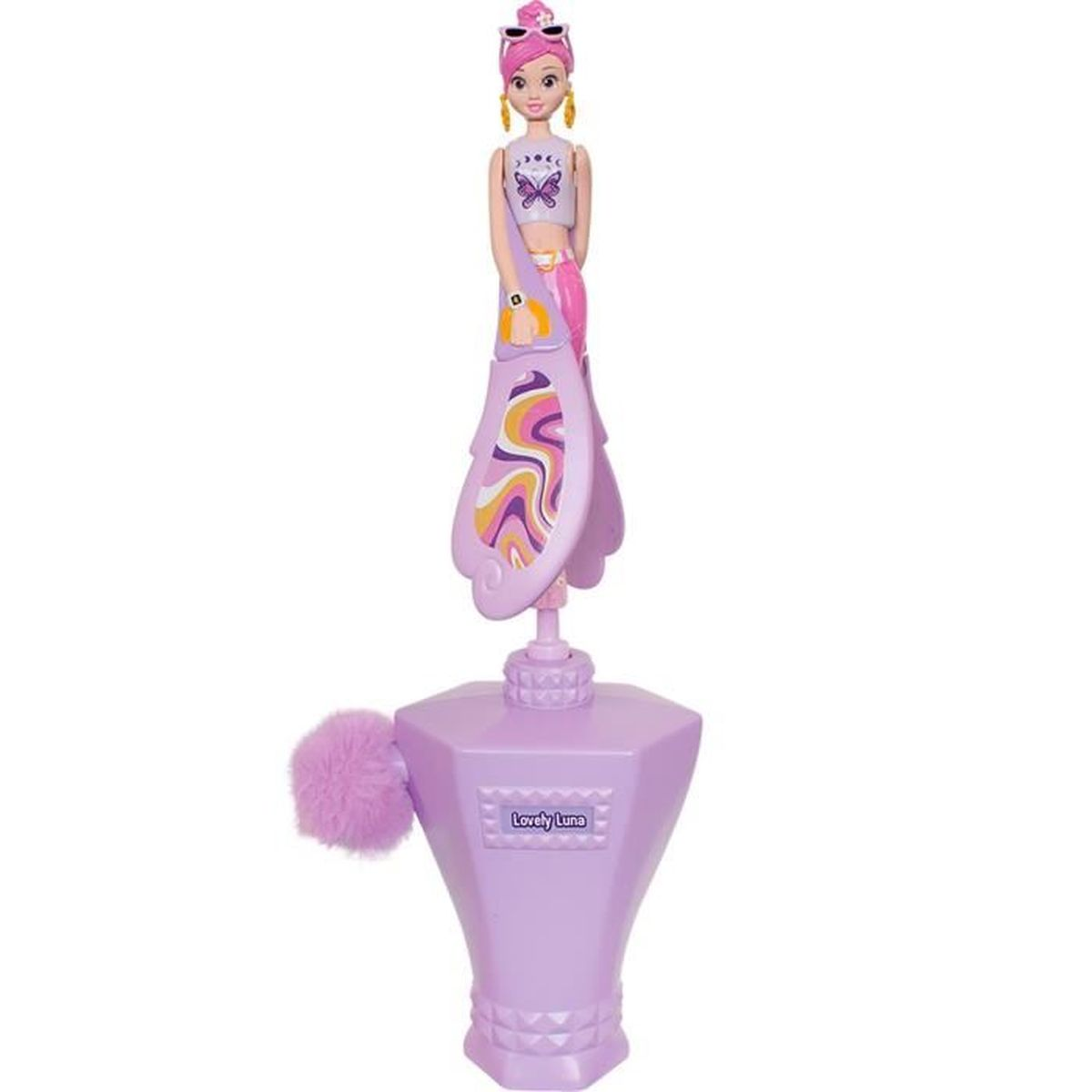 Eine puppenförmige Parfümflasche mit Bommel.