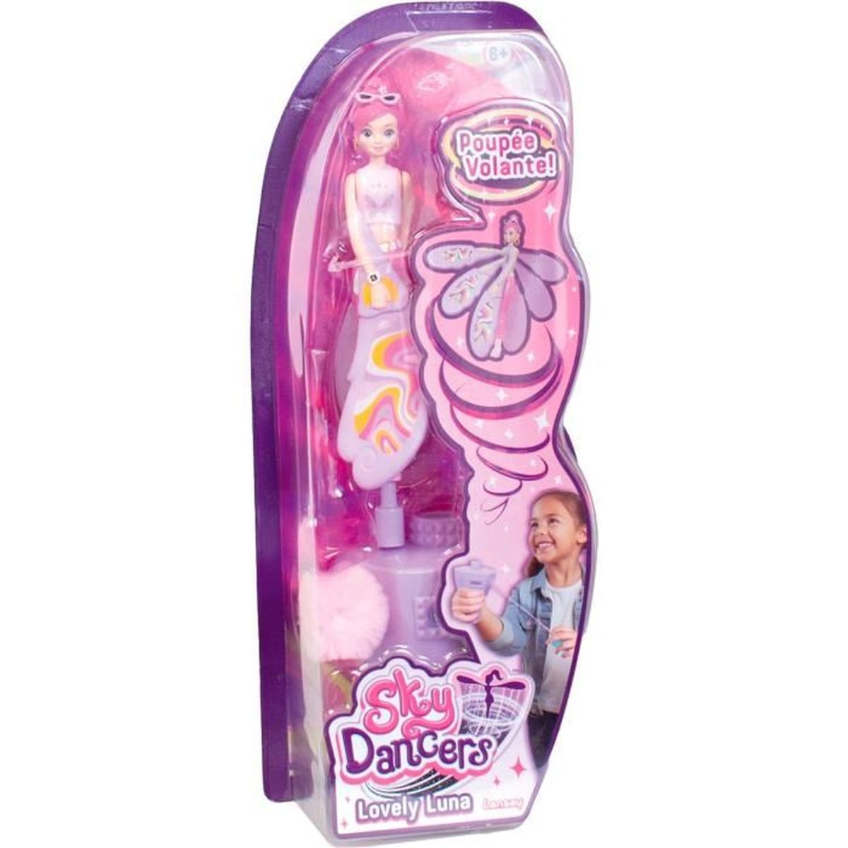 Eine Puppe in der Verpackung. Es ist eine Sky Dancers Puppe mit Lovely Luna Thema.