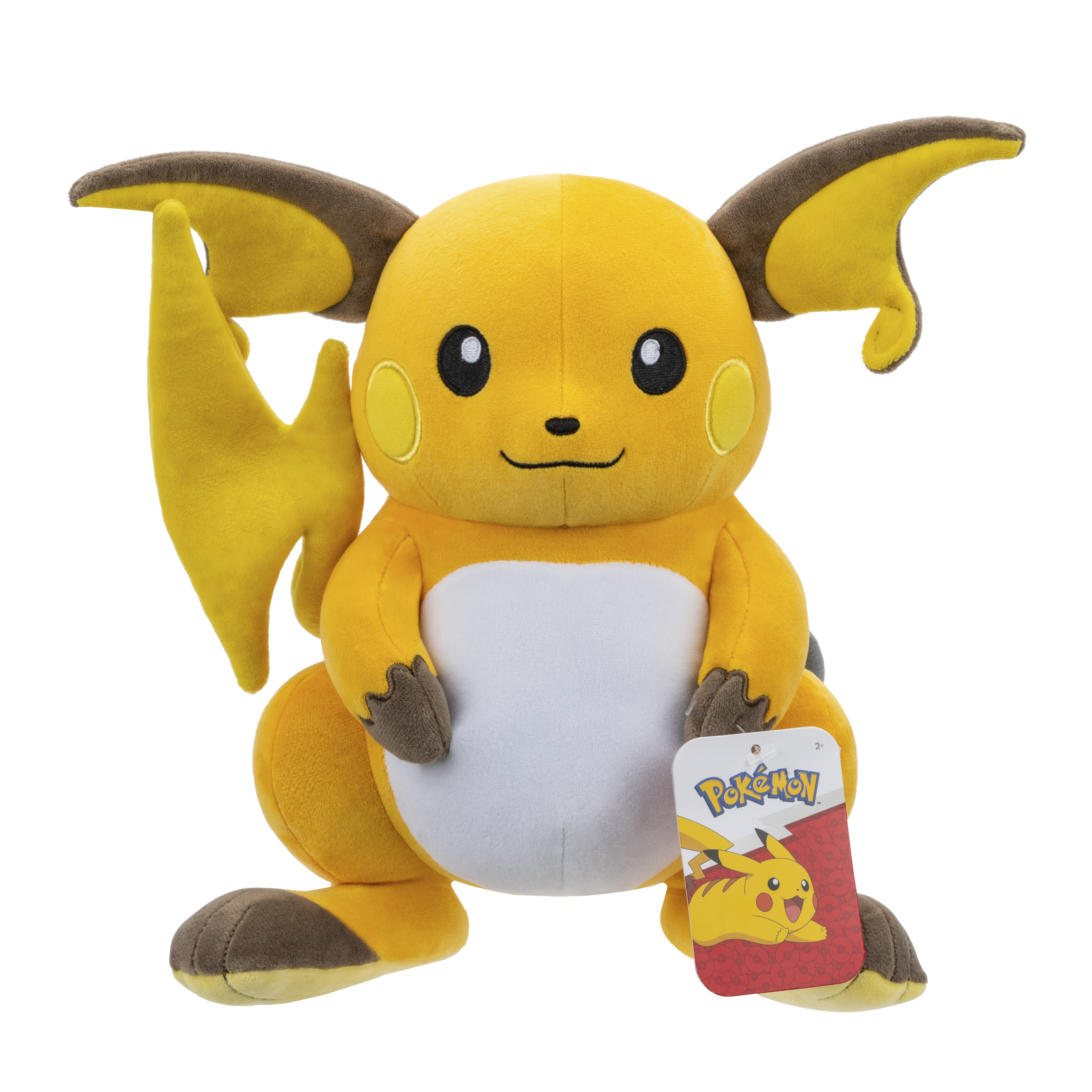 Gelbes Plüschtier Raichu mit braunen Ohren und Füßen, einem blitzförmigen Schwanz und einem Etikett.
