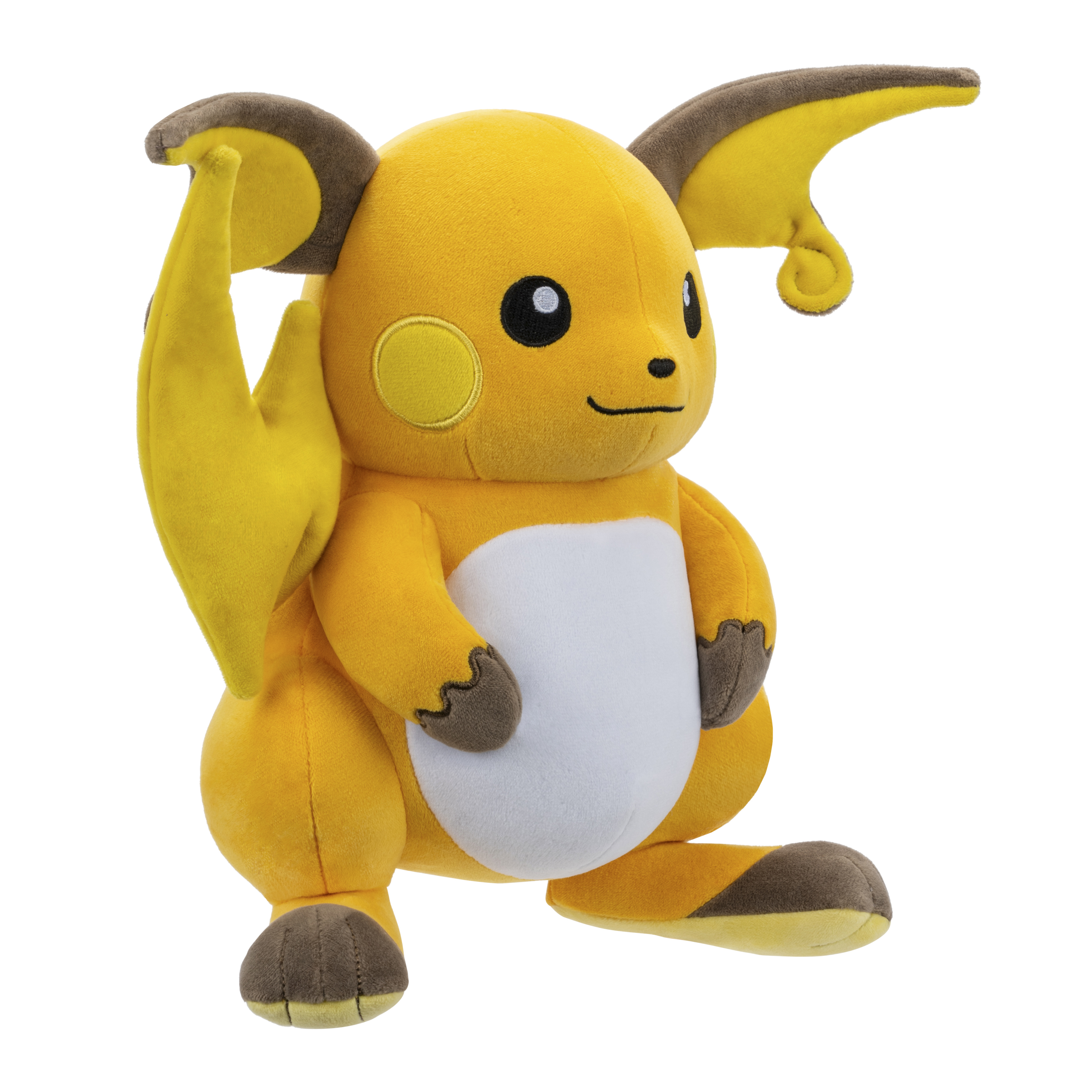 Ein gelbes Pikachu-Plüschtier mit braunen Ohren und weißem Bauch, nach links gerichtet.