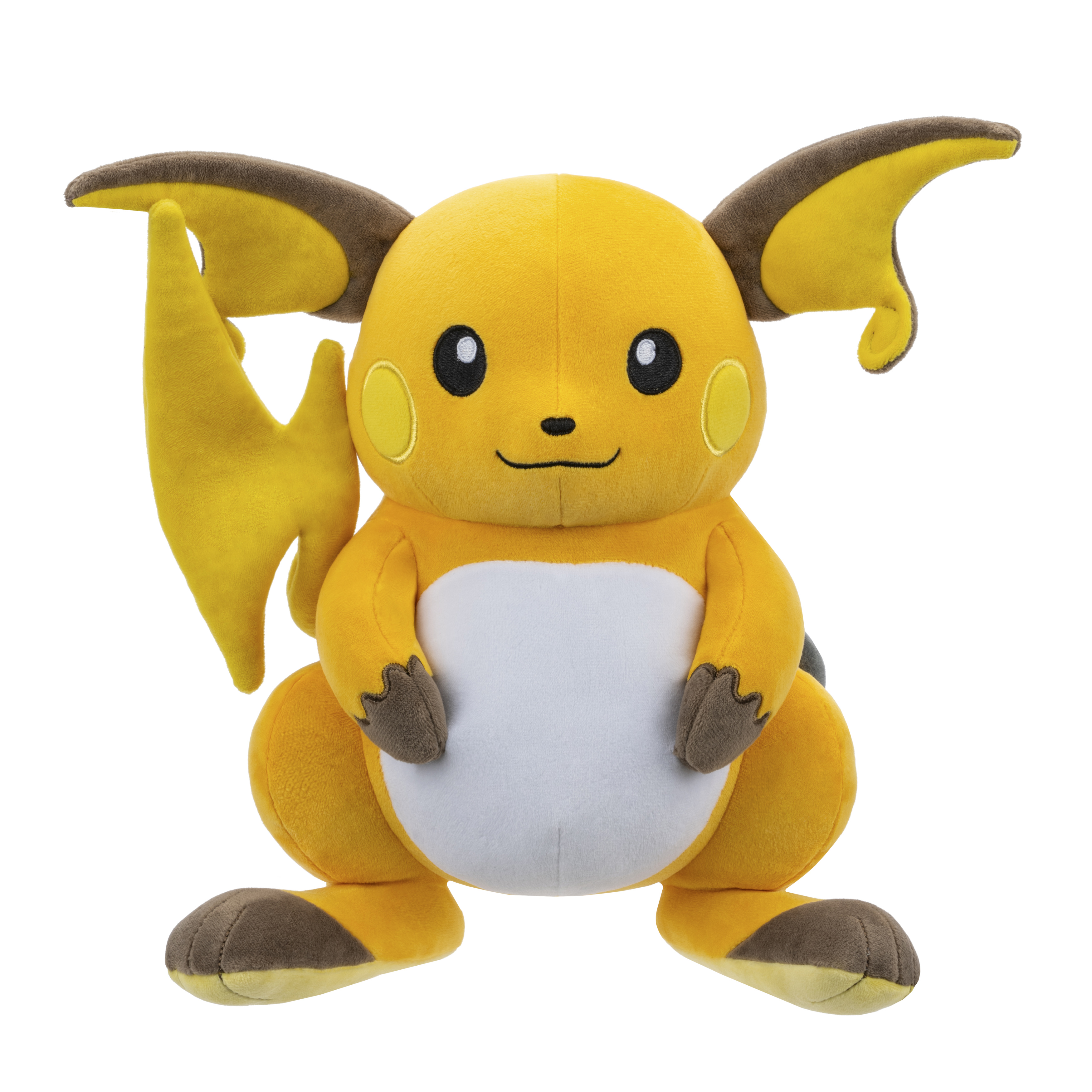 Ein gelbes Pikachu-Plüschtier mit braunen Ohren und einem Blitzschwanz, sitzend.
