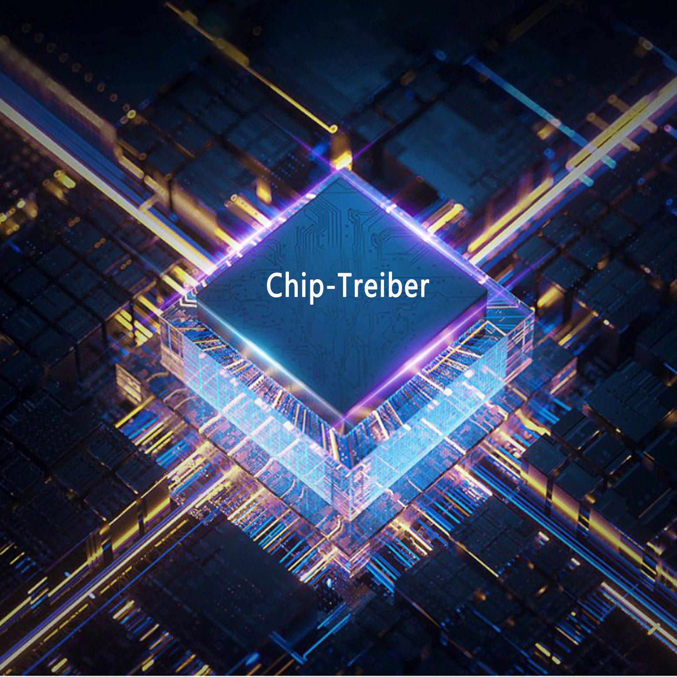 Nahaufnahme einer blau-violetten Leiterplatte mit dem Text Chip-Treiber in der Mitte.