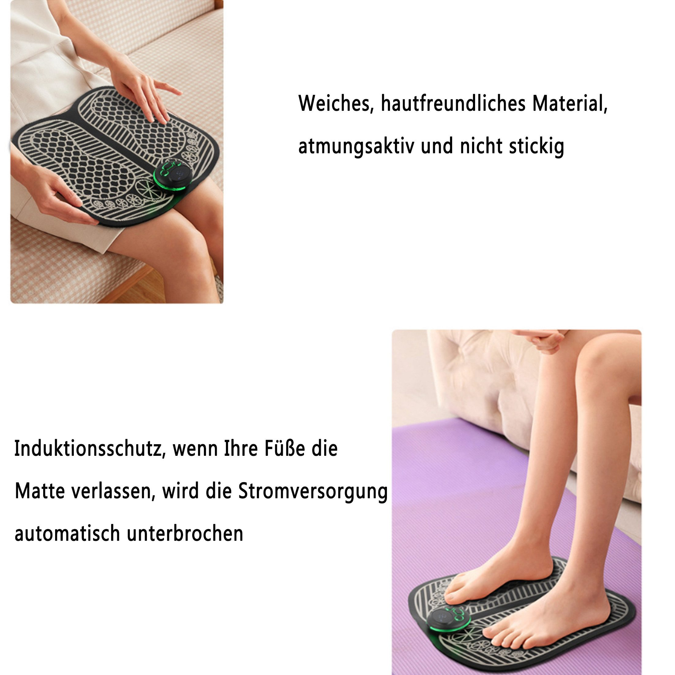 Bilder zeigen ein Fußmassagegerät mit Bedienfeld und Füßen darauf. Auch die Nutzung wird gezeigt.