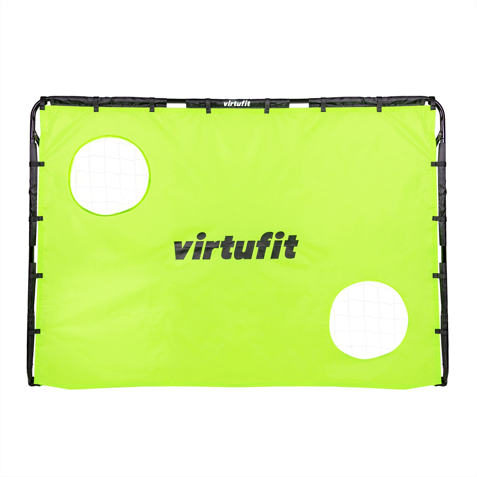 Porta da calcio verde lime con due fori di rete bianchi e telaio nero; il logo è visibile.