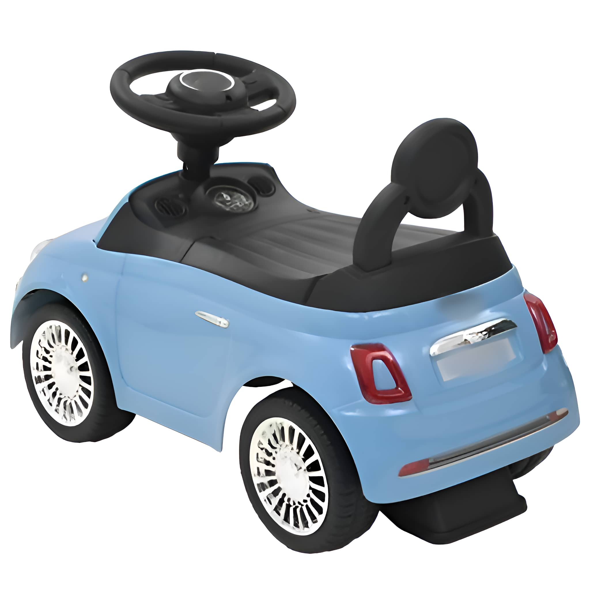 Hellblaues Spielzeugauto mit weißen Rädern und einem schwarzen Lenkrad.
