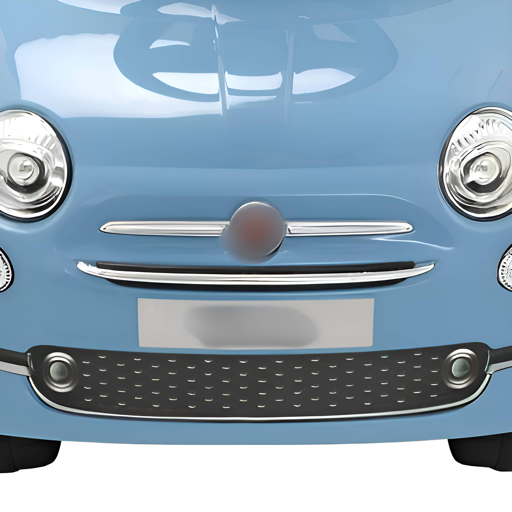 Vorderansicht eines hellblauen Spielzeugautos mit Chromdetails, einschließlich Scheinwerfern und Frontgrill.
