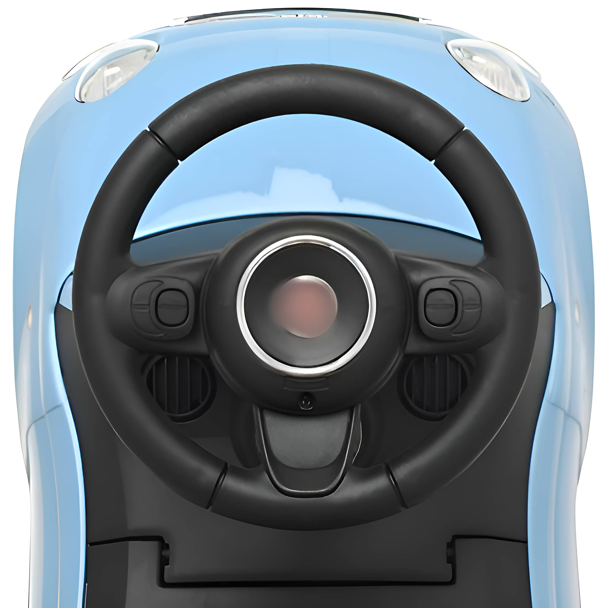 Blaues Spielzeugauto-Lenkrad mit schwarzem Lenkrad und Knöpfen.
