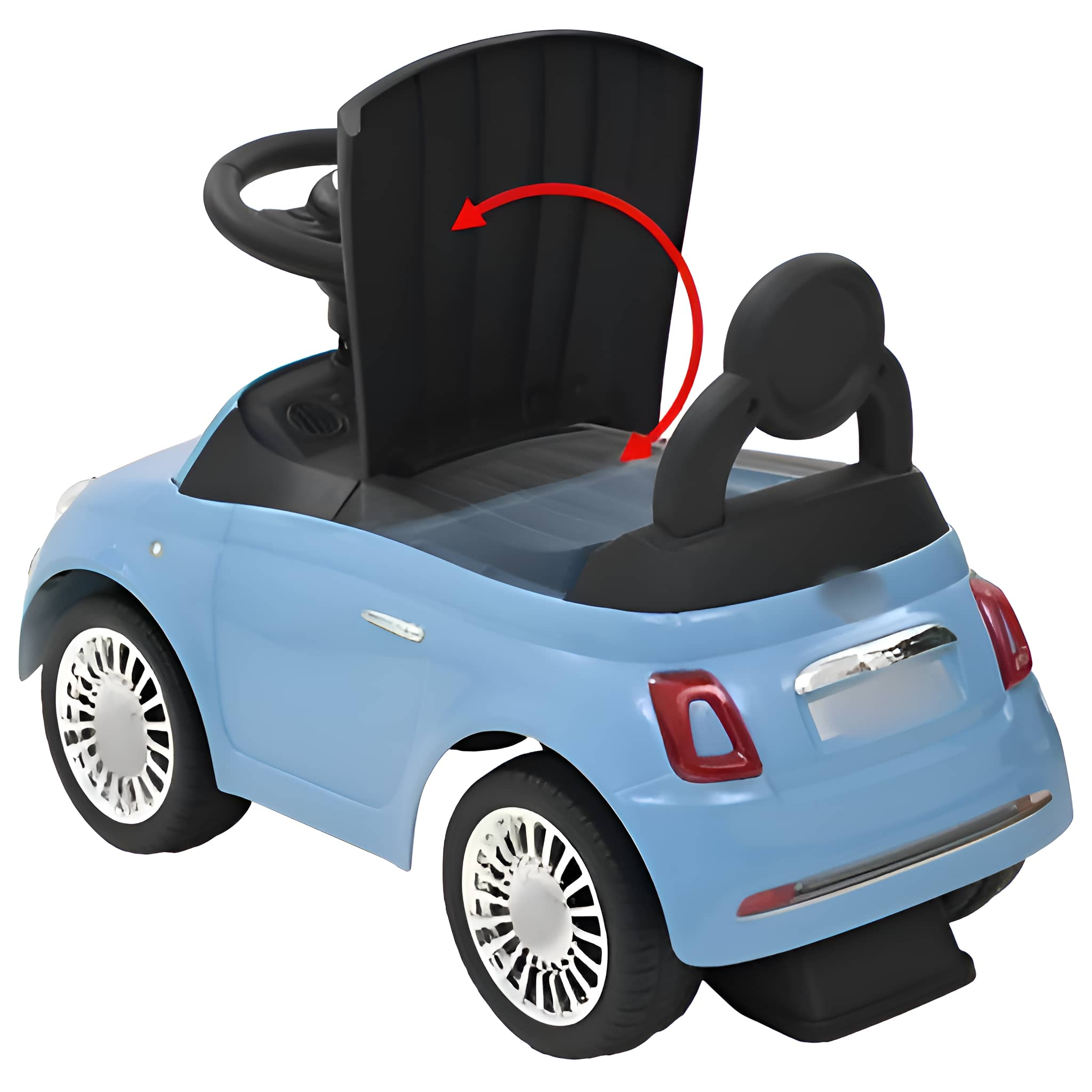 Ein hellblaues Spielzeugauto mit einem schwarzen Sitz, der sich öffnet. Räder sind silber. Das Auto ist ein Spielzeug.