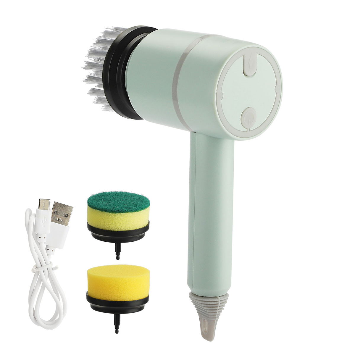 Eine mintgrüne elektrische Reinigungsbürste mit Bürstenköpfen und einem USB-Ladekabel.