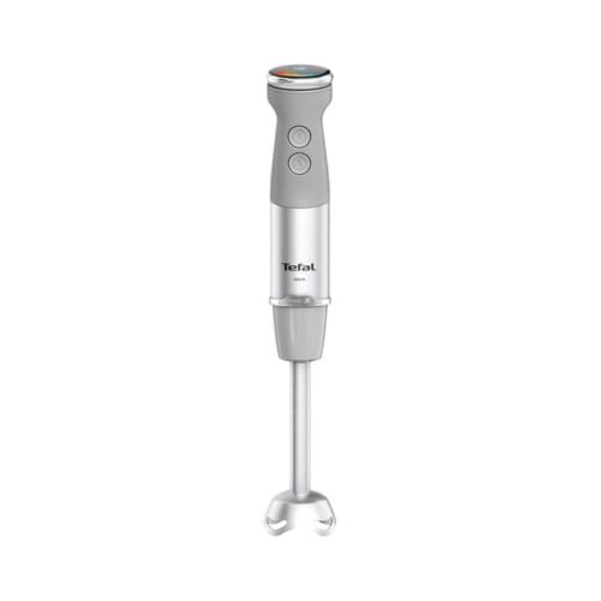 Grauer und silberner Stabmixer mit zwei Knöpfen und einem Metall-Mixkopf.