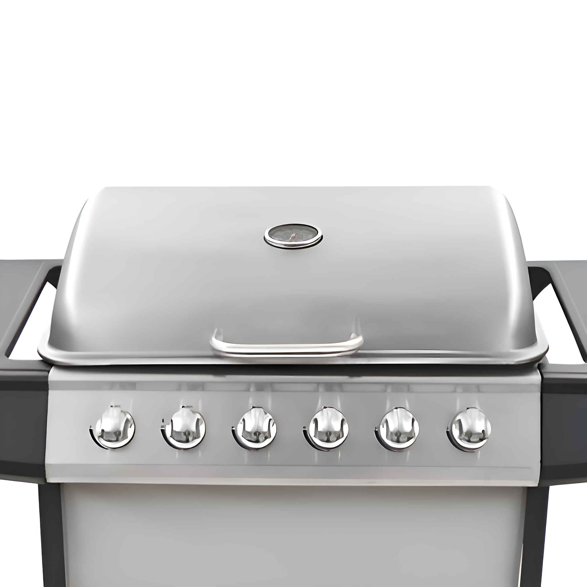 Silberner Grill mit geschlossenem Deckel, schwarzem Rahmen, weißem Hintergrund. Thermometer oben.