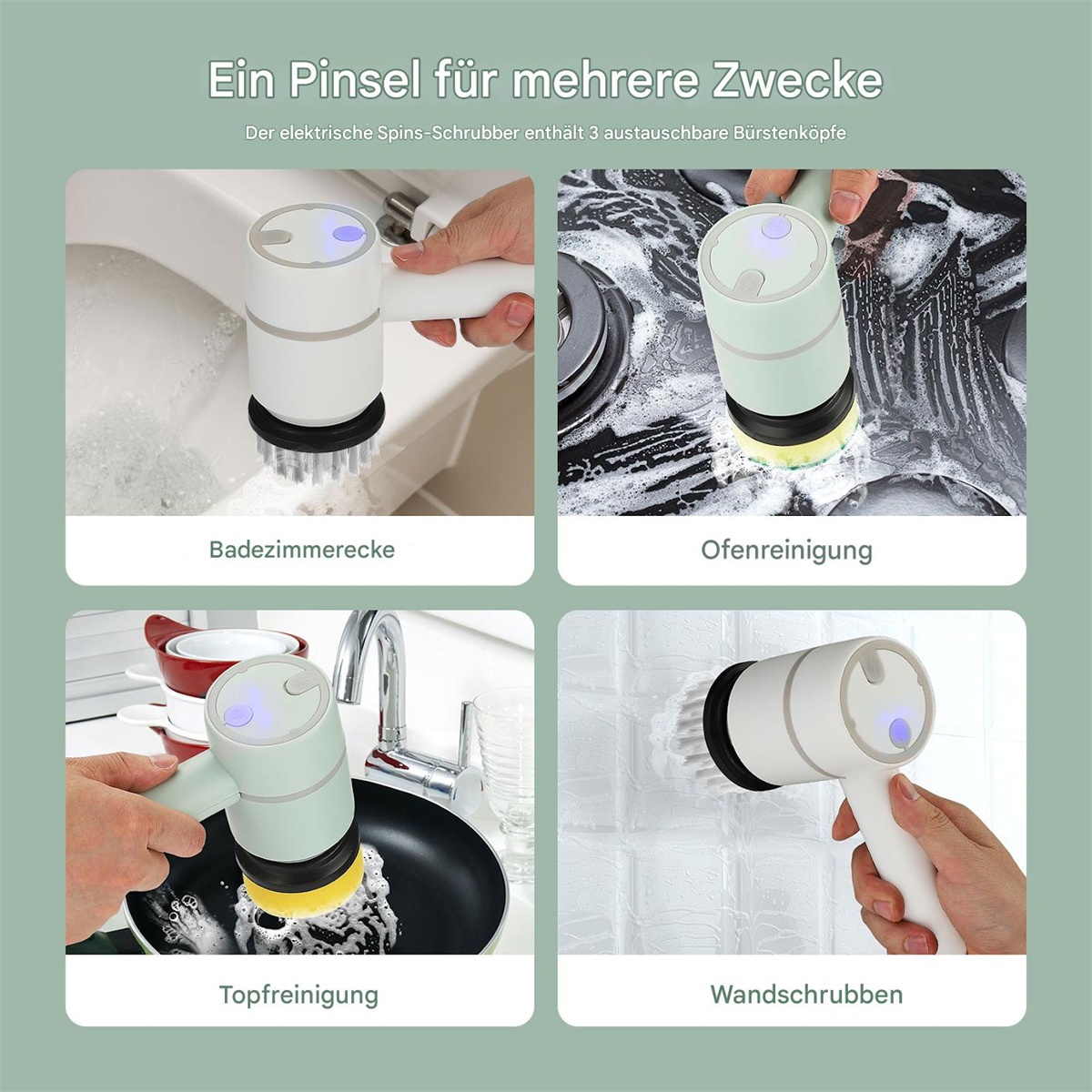 Elektrischer Rotationsschrubber, der verschiedene Bereiche reinigt.